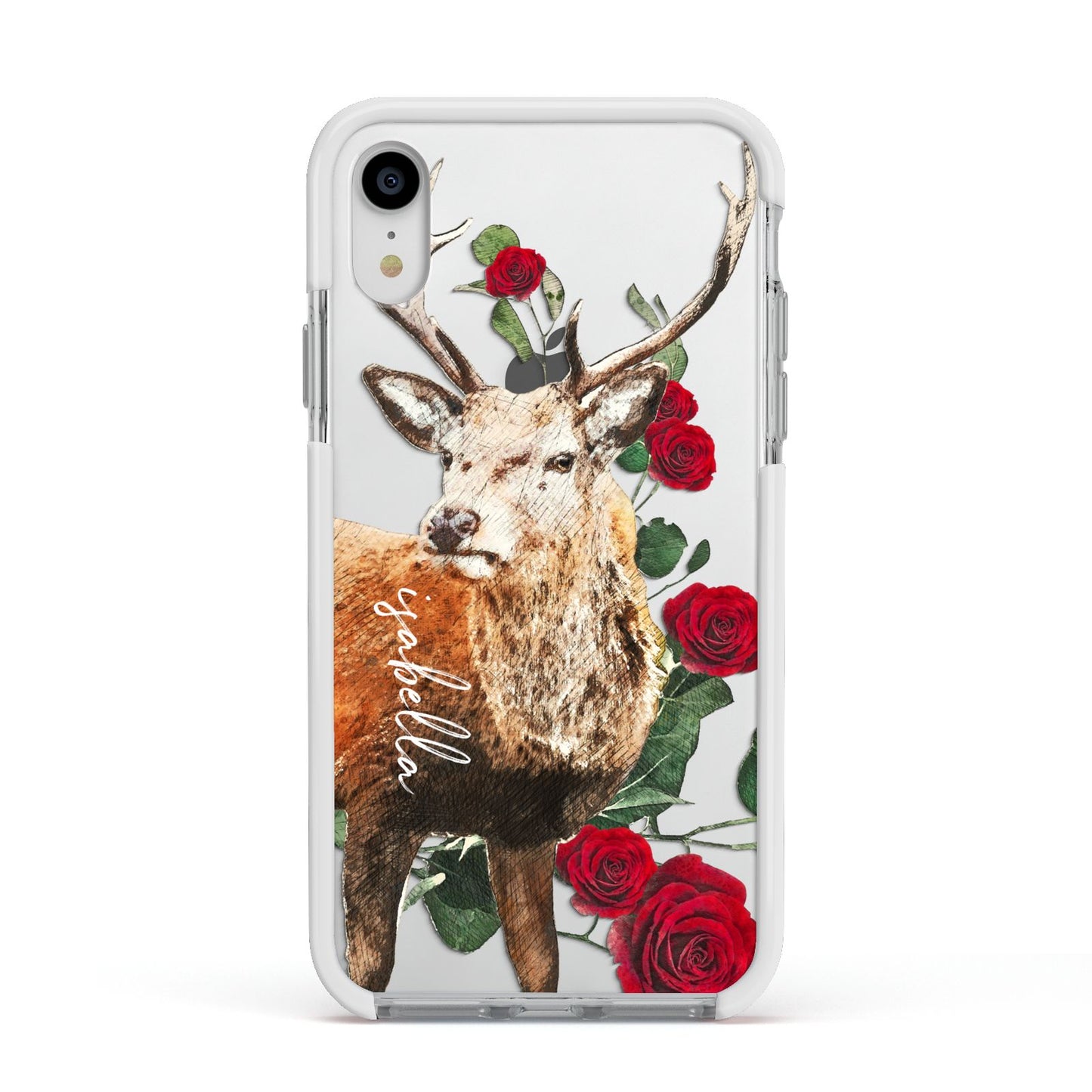 Personalised Deer Name Apple iPhone XR Impact Case White Edge on Silver Phone