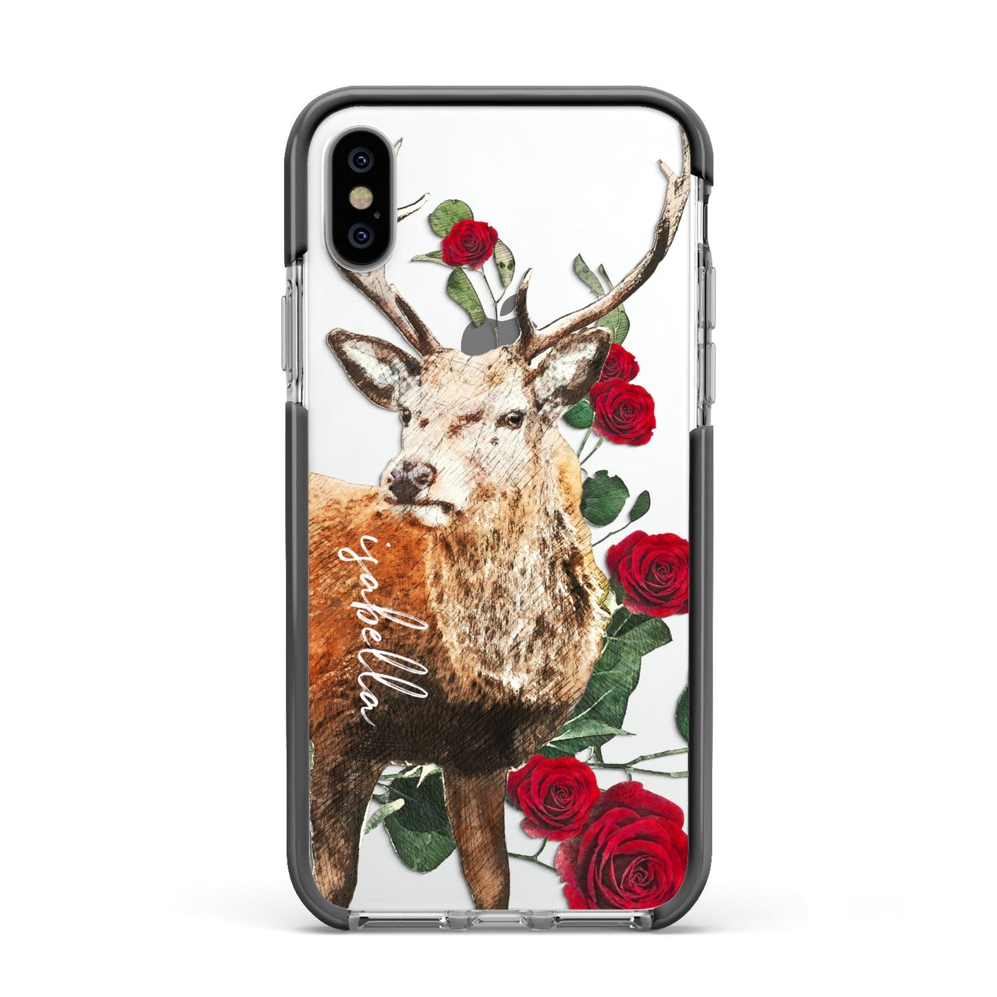 Personalised Deer Name Apple iPhone Xs Impact Case Black Edge on Silver Phone