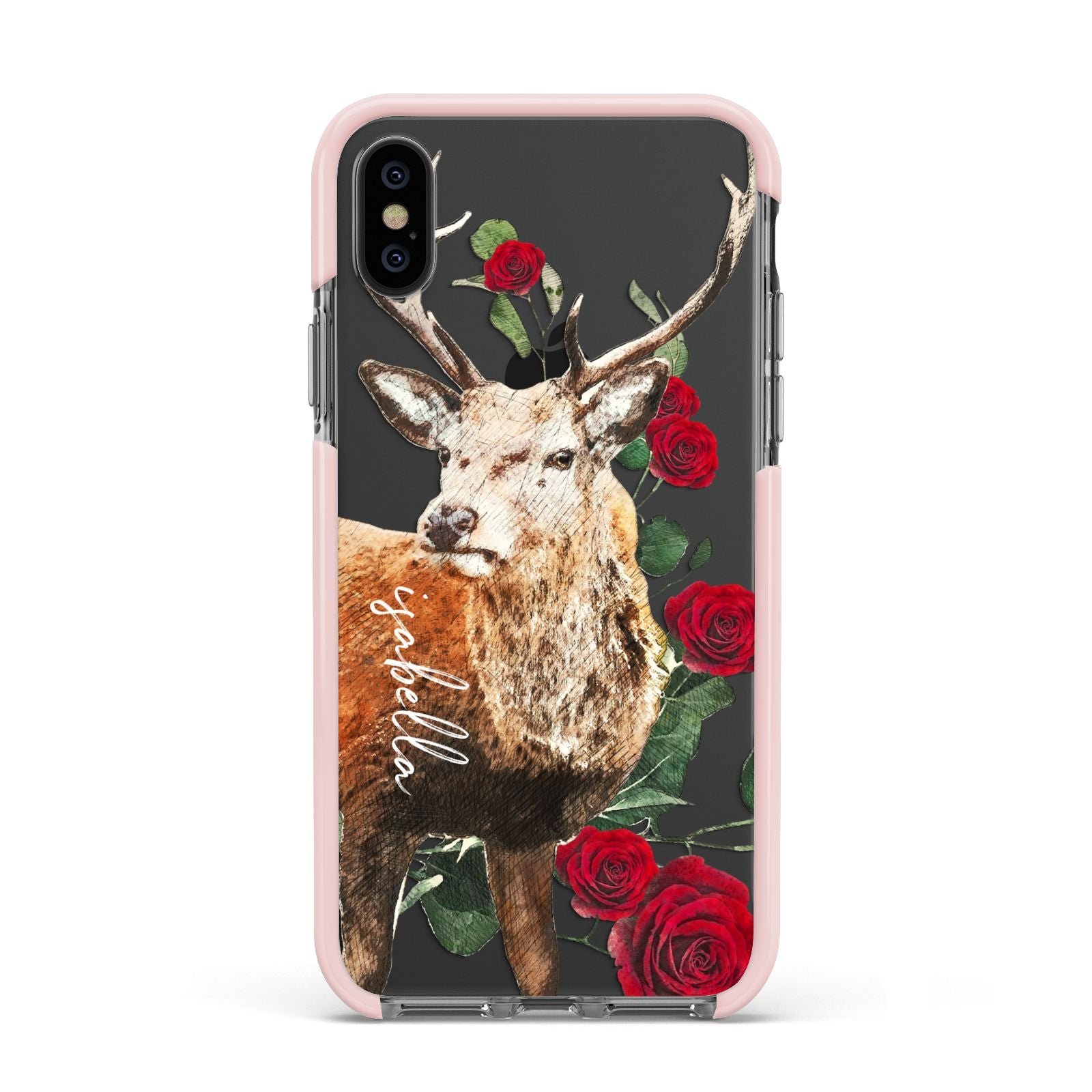 Personalised Deer Name Apple iPhone Xs Impact Case Pink Edge on Black Phone