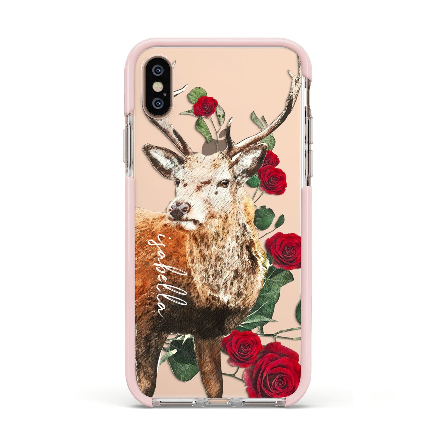 Personalised Deer Name Apple iPhone Xs Impact Case Pink Edge on Gold Phone