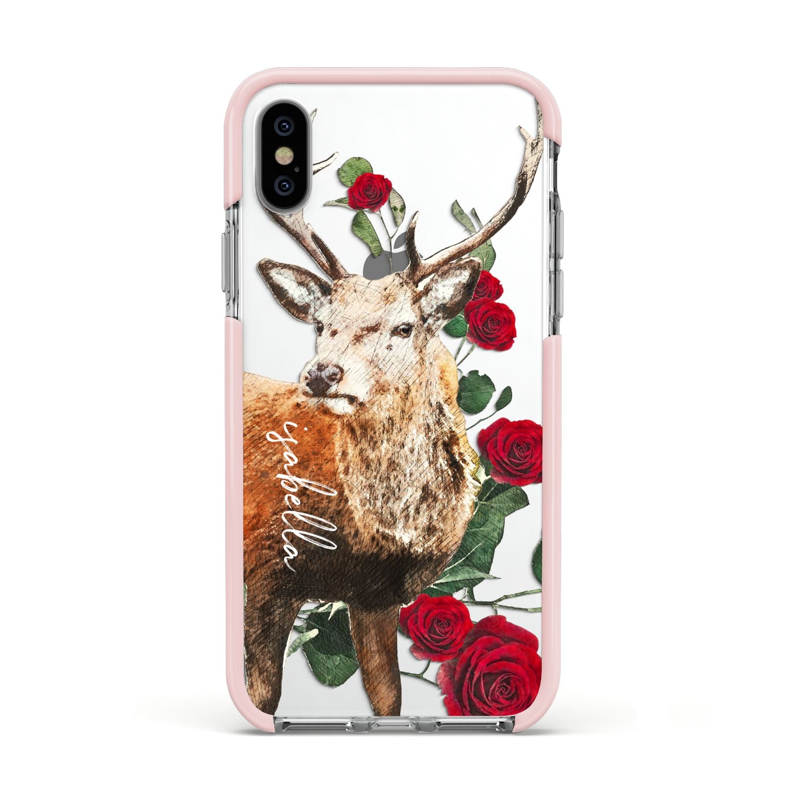 Personalised Deer Name Apple iPhone Xs Impact Case Pink Edge on Silver Phone