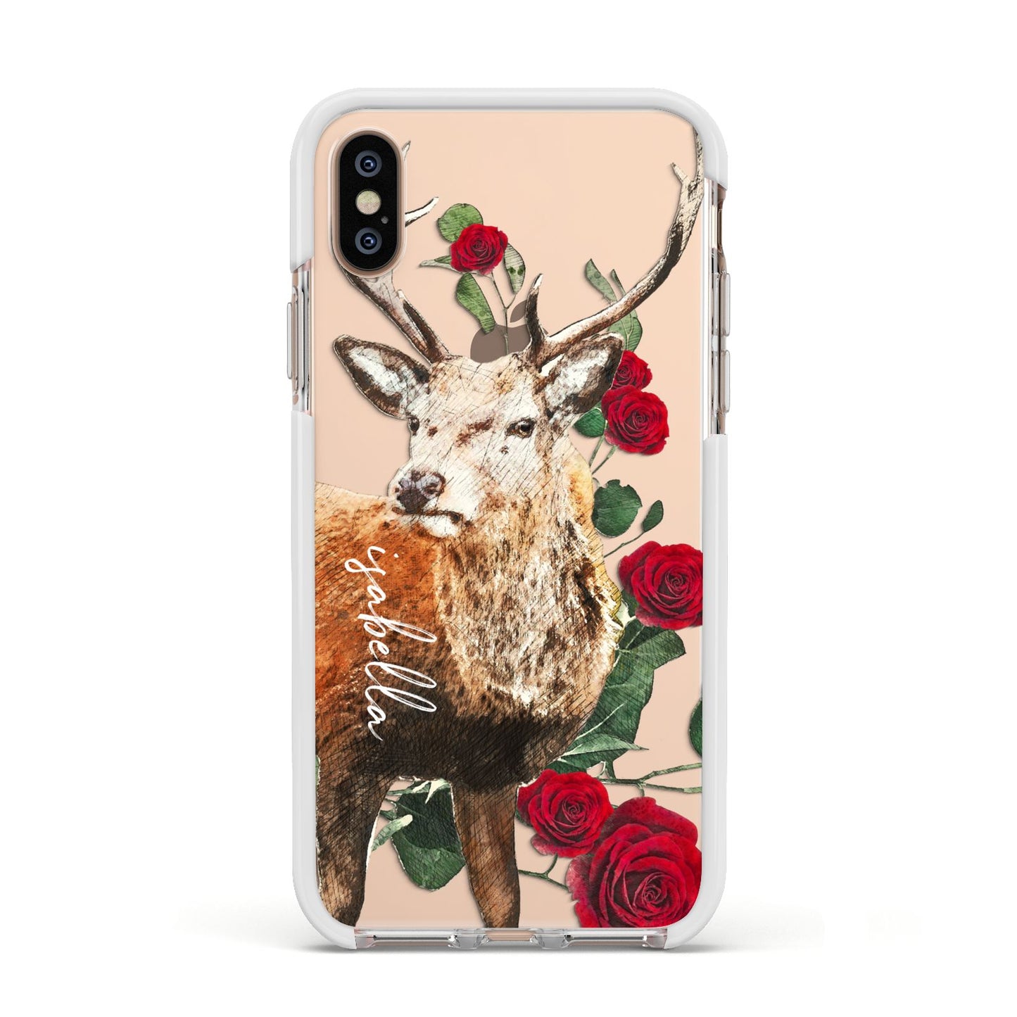 Personalised Deer Name Apple iPhone Xs Impact Case White Edge on Gold Phone
