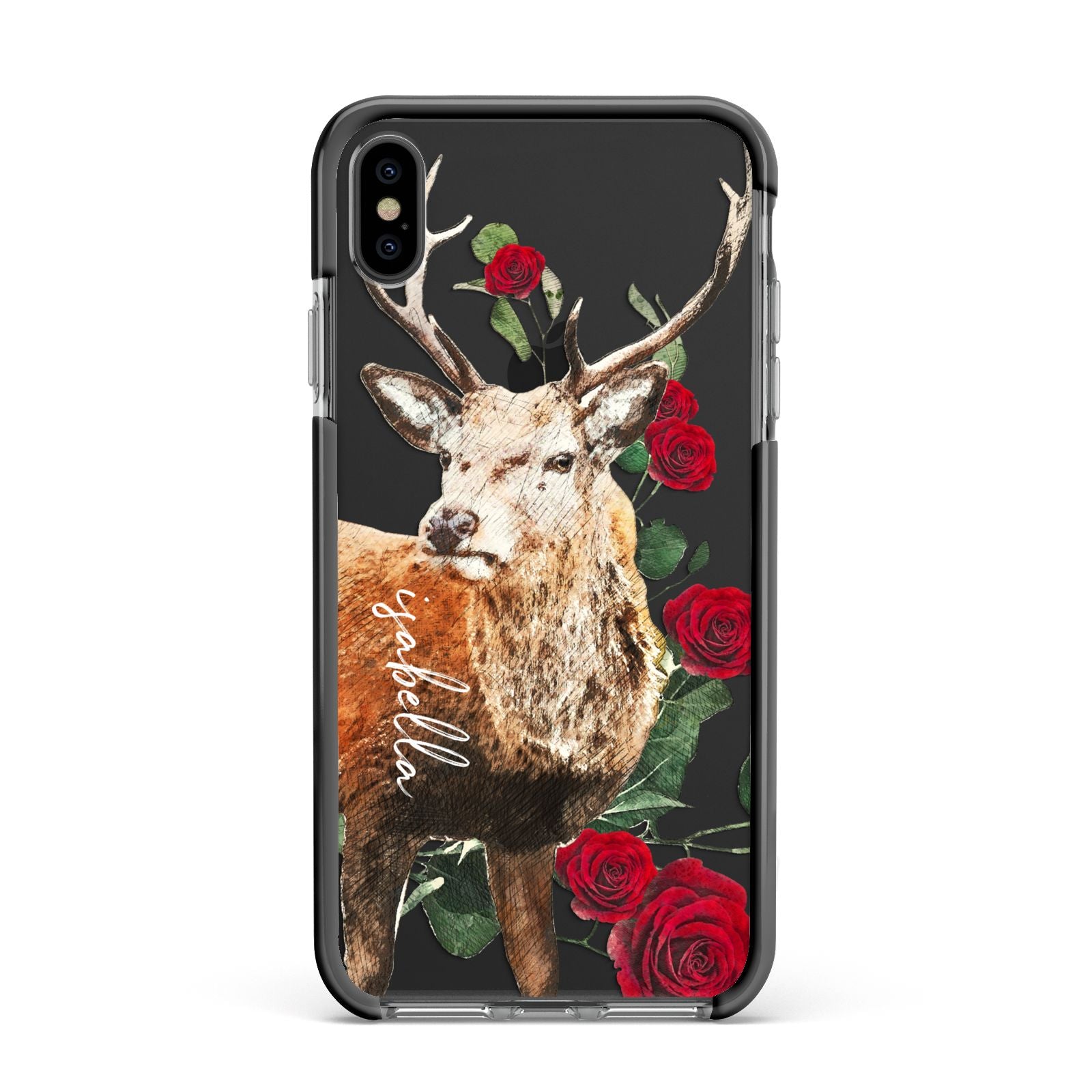 Personalised Deer Name Apple iPhone Xs Max Impact Case Black Edge on Black Phone