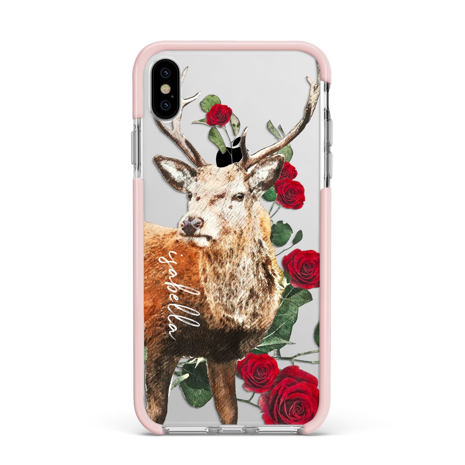 Personalised Deer Name Apple iPhone Xs Max Impact Case Pink Edge on Silver Phone