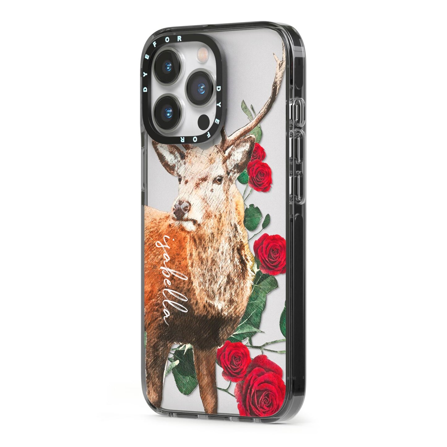 Personalised Deer Name iPhone 13 Pro Black Impact Case Side Angle on Silver phone