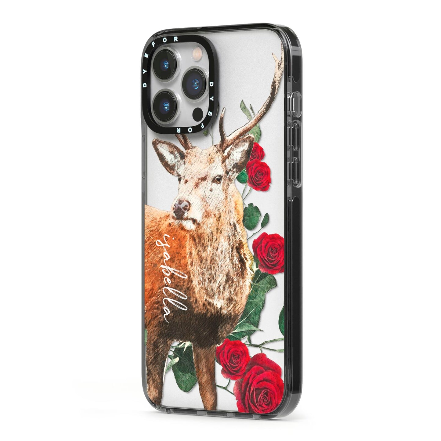 Personalised Deer Name iPhone 13 Pro Max Black Impact Case Side Angle on Silver phone