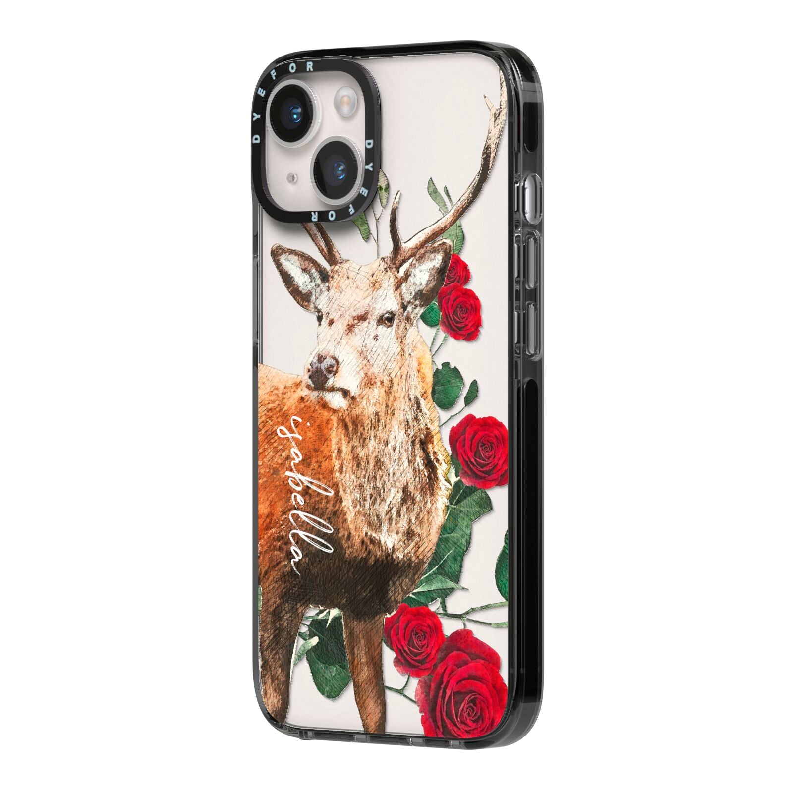 Personalised Deer Name iPhone 14 Black Impact Case Side Angle on Silver phone