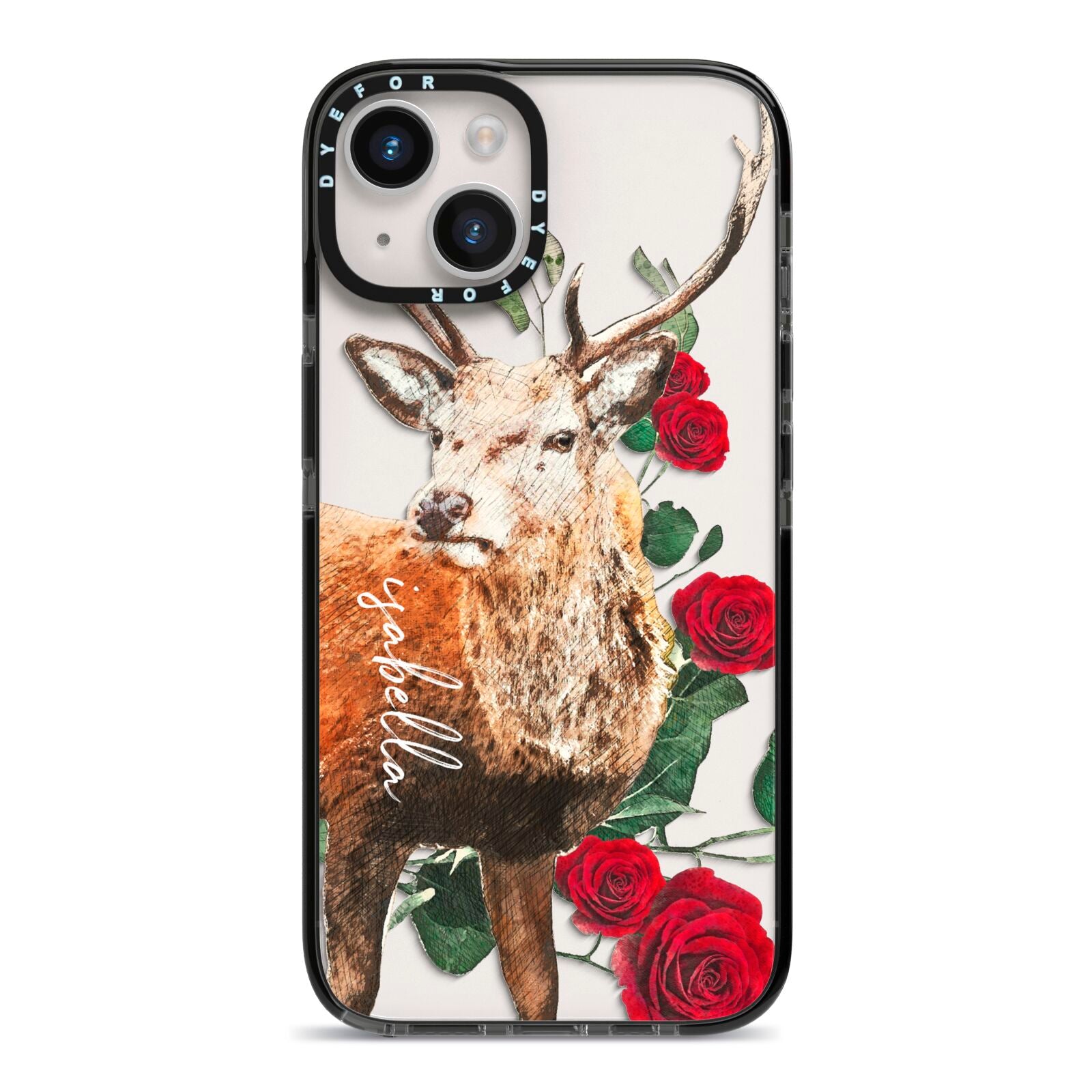 Personalised Deer Name iPhone 14 Black Impact Case on Silver phone