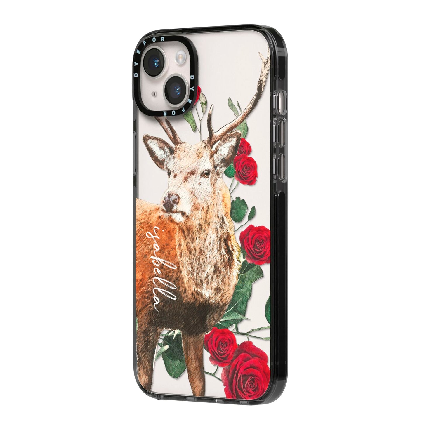 Personalised Deer Name iPhone 14 Plus Black Impact Case Side Angle on Silver phone