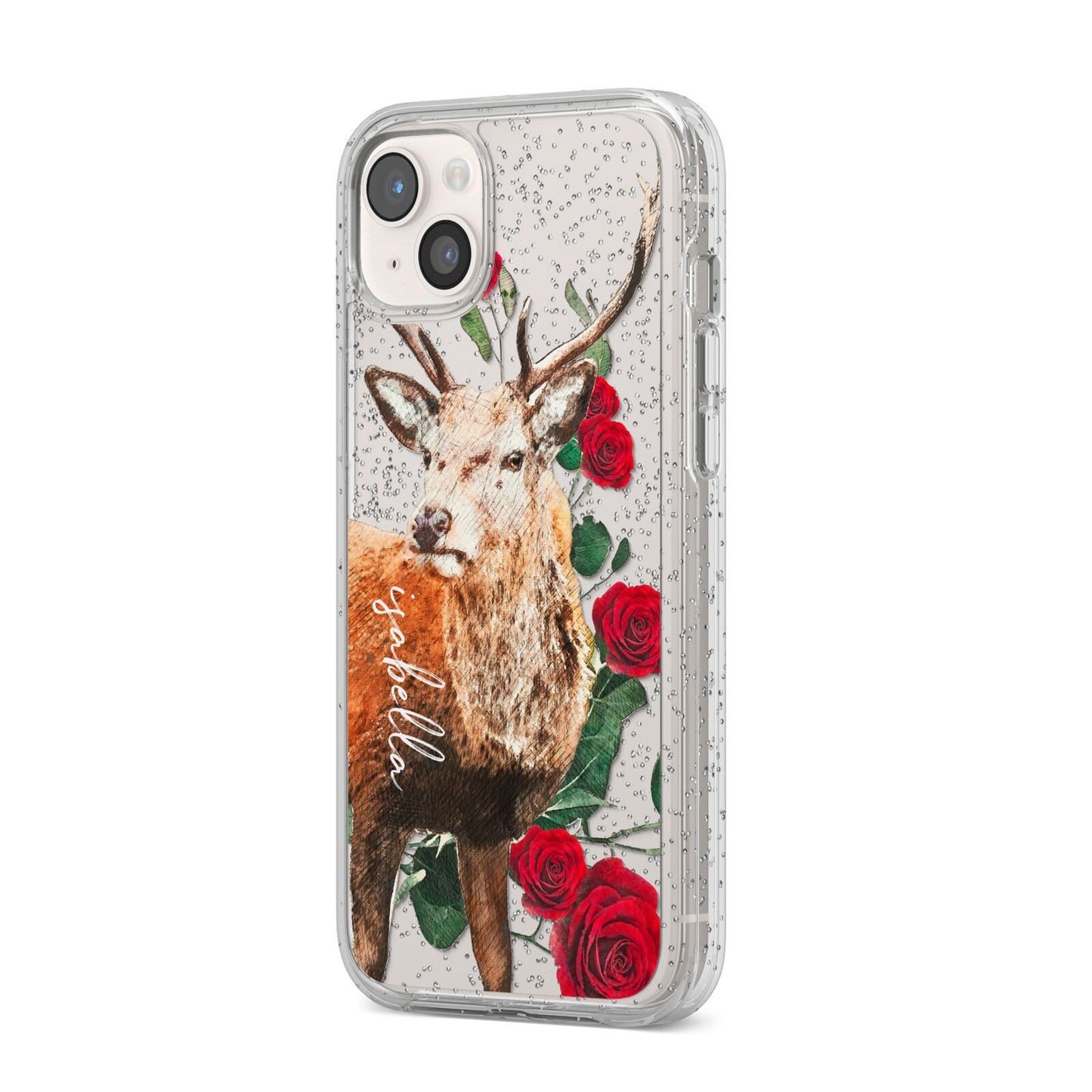 Personalised Deer Name iPhone 14 Plus Glitter Tough Case Starlight Angled Image