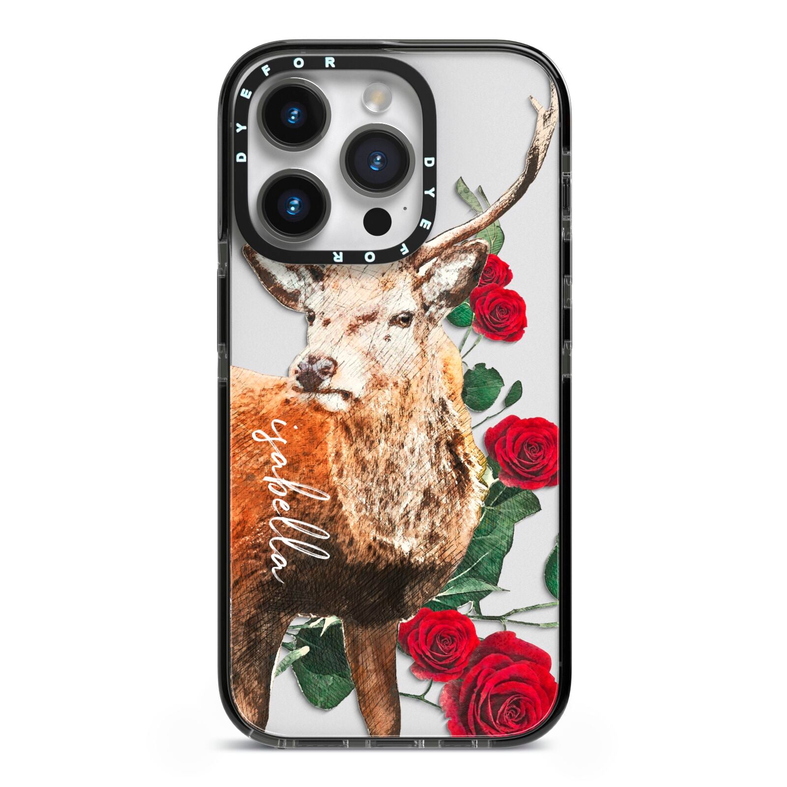 Personalised Deer Name iPhone 14 Pro Black Impact Case on Silver phone