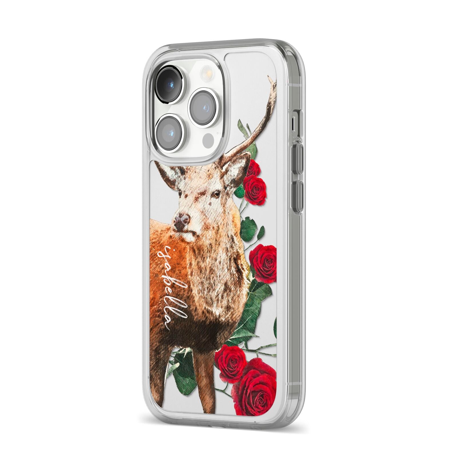 Personalised Deer Name iPhone 14 Pro Clear Tough Case Silver Angled Image