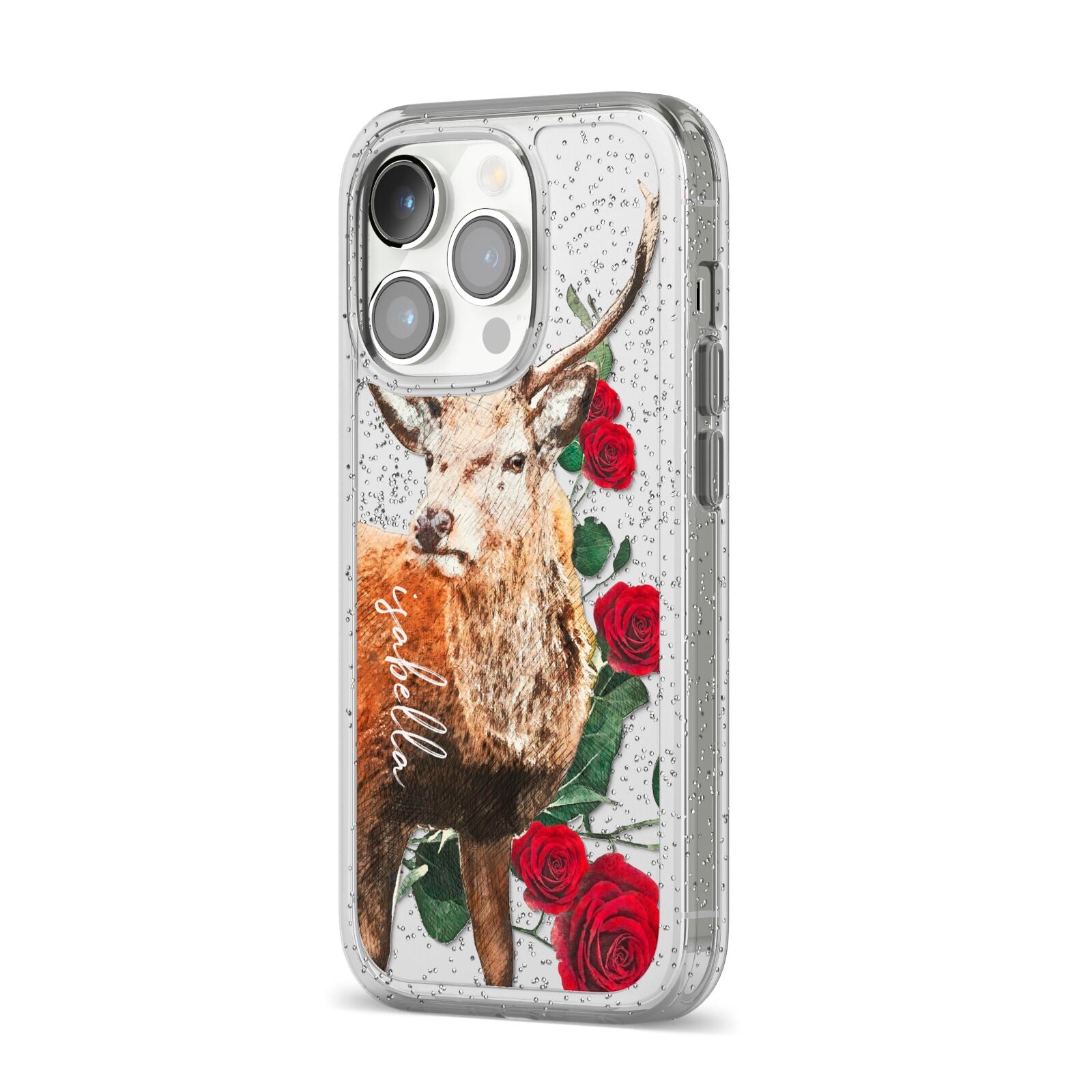 Personalised Deer Name iPhone 14 Pro Glitter Tough Case Silver Angled Image