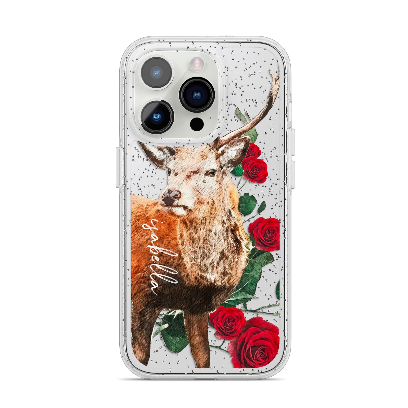 Personalised Deer Name iPhone 14 Pro Glitter Tough Case Silver