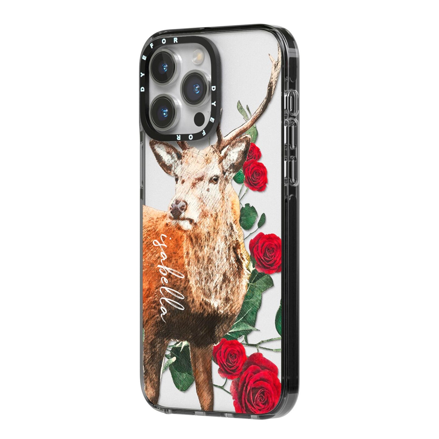 Personalised Deer Name iPhone 14 Pro Max Black Impact Case Side Angle on Silver phone