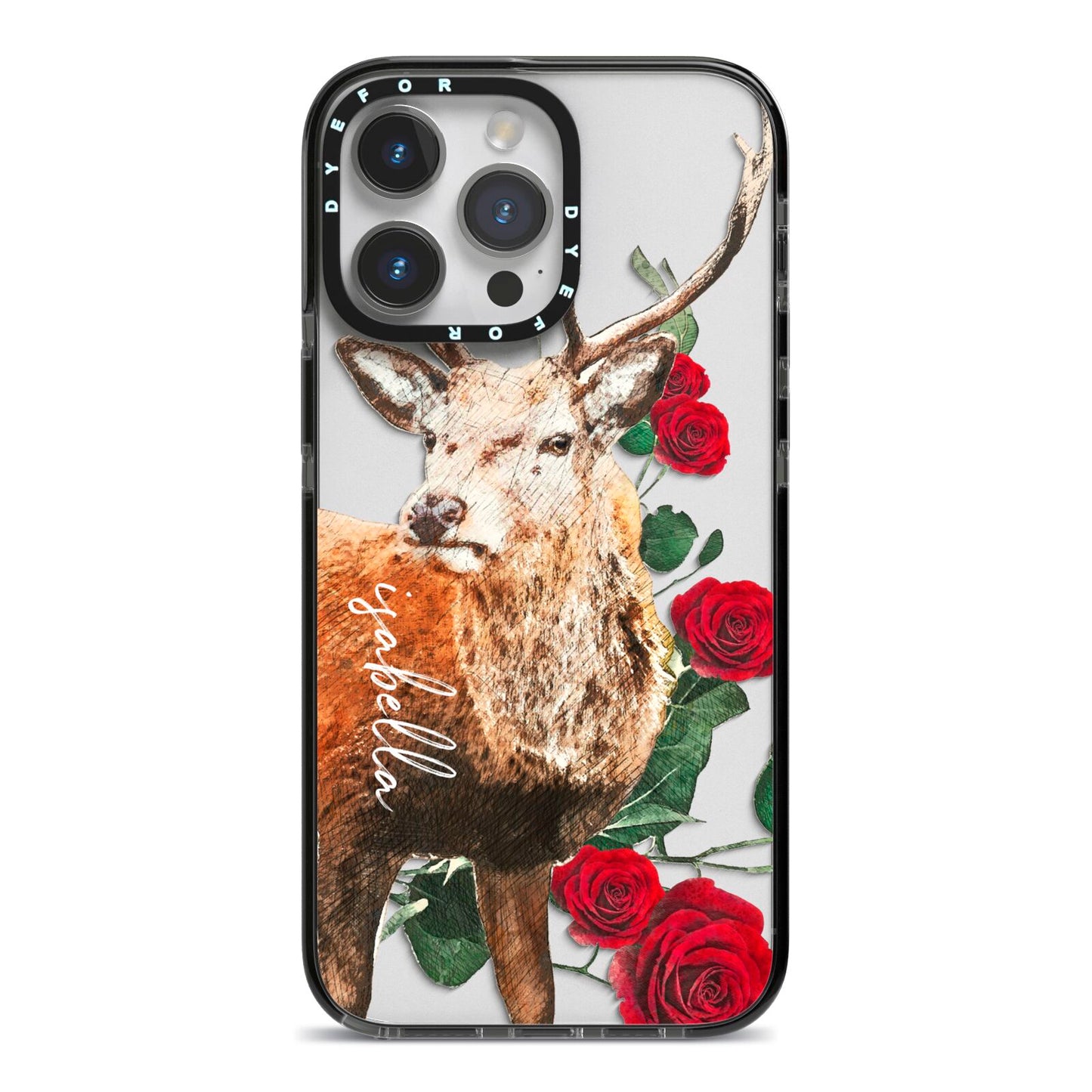 Personalised Deer Name iPhone 14 Pro Max Black Impact Case on Silver phone