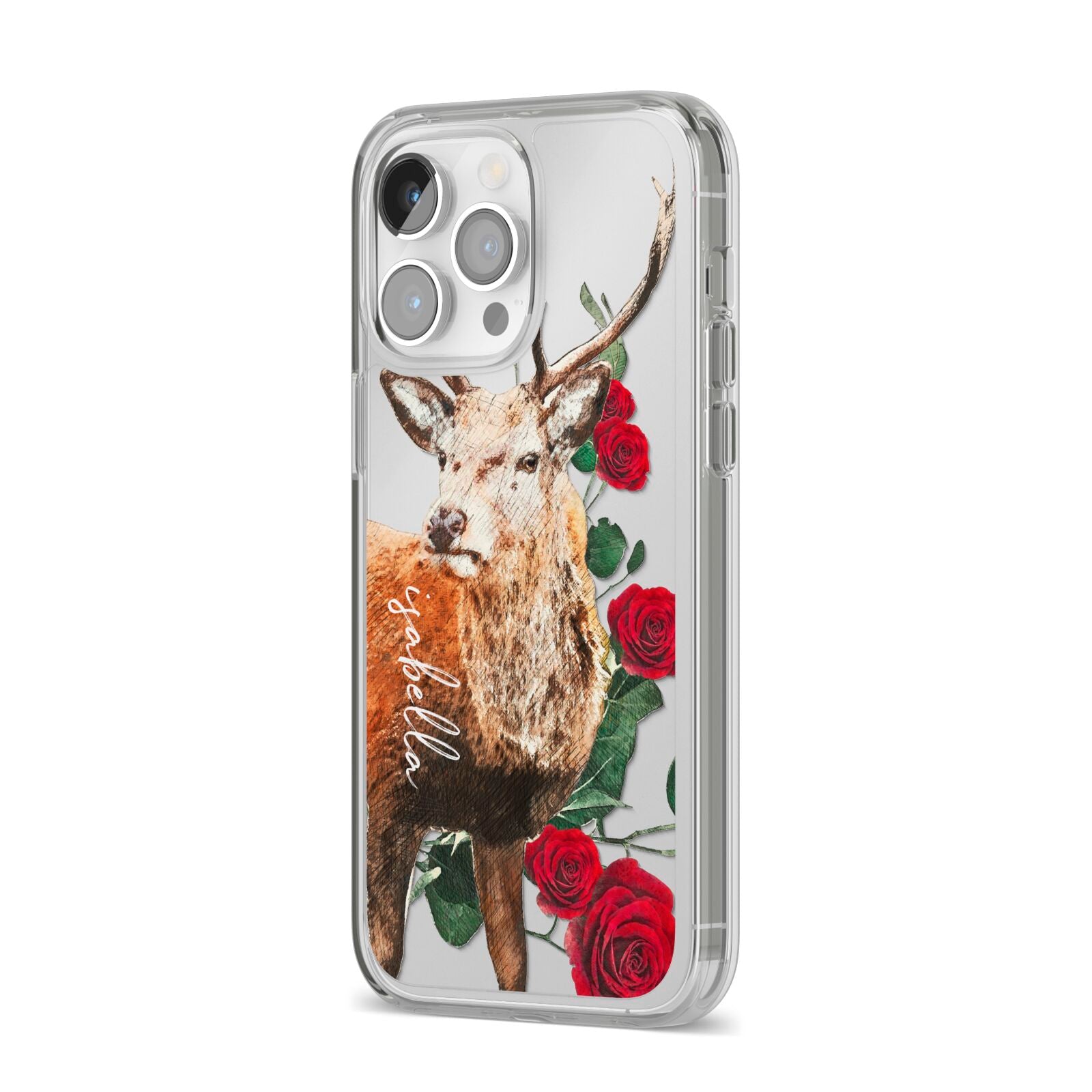 Personalised Deer Name iPhone 14 Pro Max Clear Tough Case Silver Angled Image