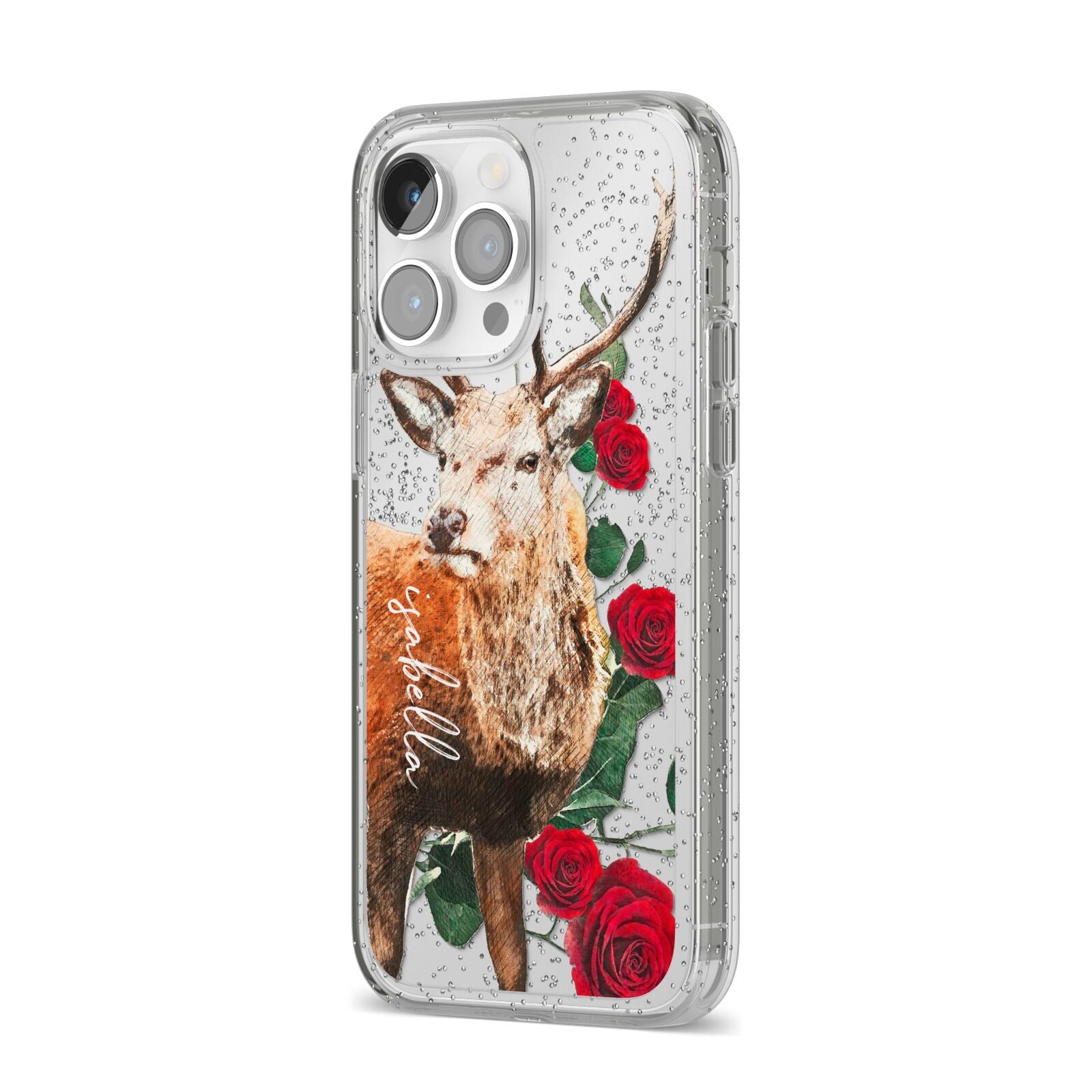 Personalised Deer Name iPhone 14 Pro Max Glitter Tough Case Silver Angled Image