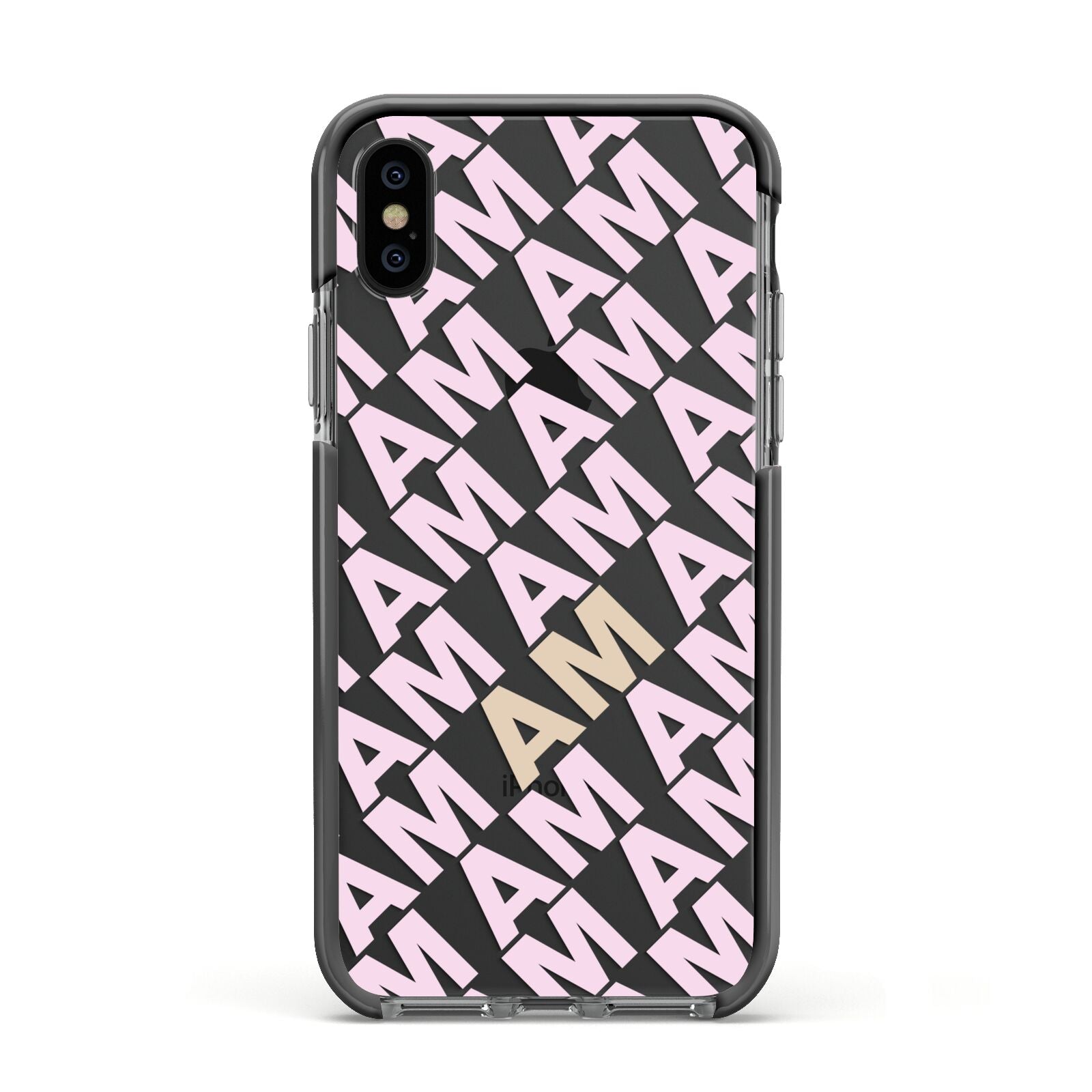 Personalised Diagonal Bold Initials Apple iPhone Xs Impact Case Black Edge on Black Phone