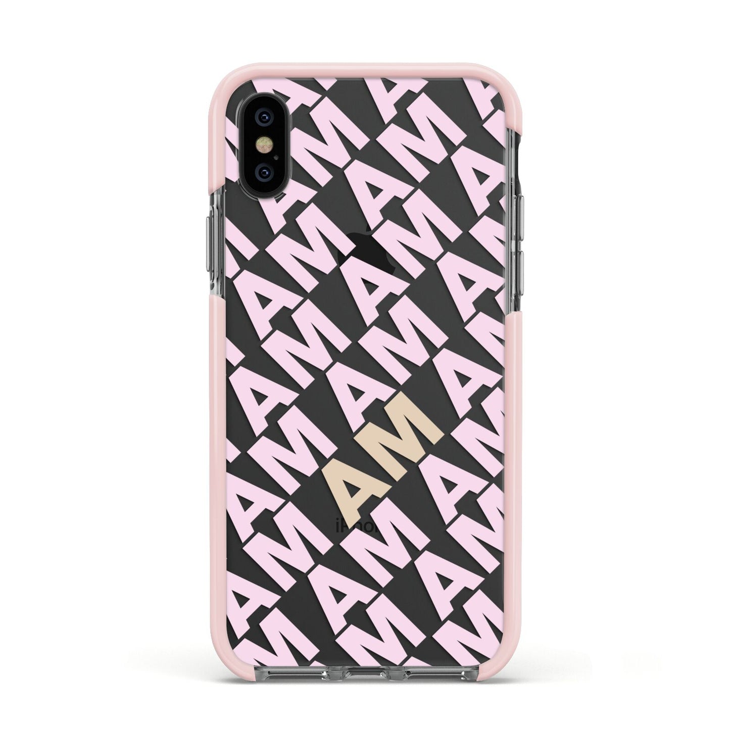 Personalised Diagonal Bold Initials Apple iPhone Xs Impact Case Pink Edge on Black Phone