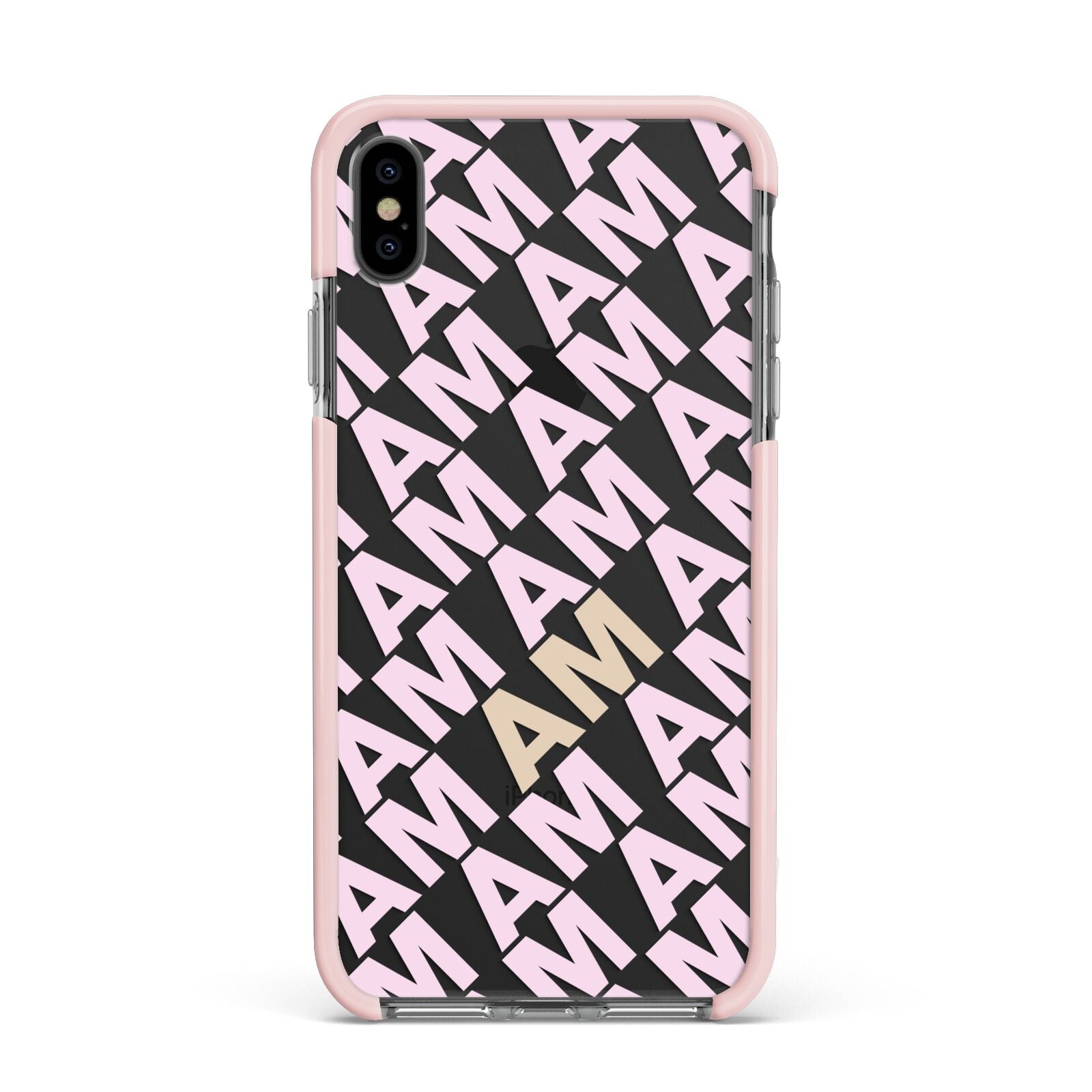 Personalised Diagonal Bold Initials Apple iPhone Xs Max Impact Case Pink Edge on Black Phone