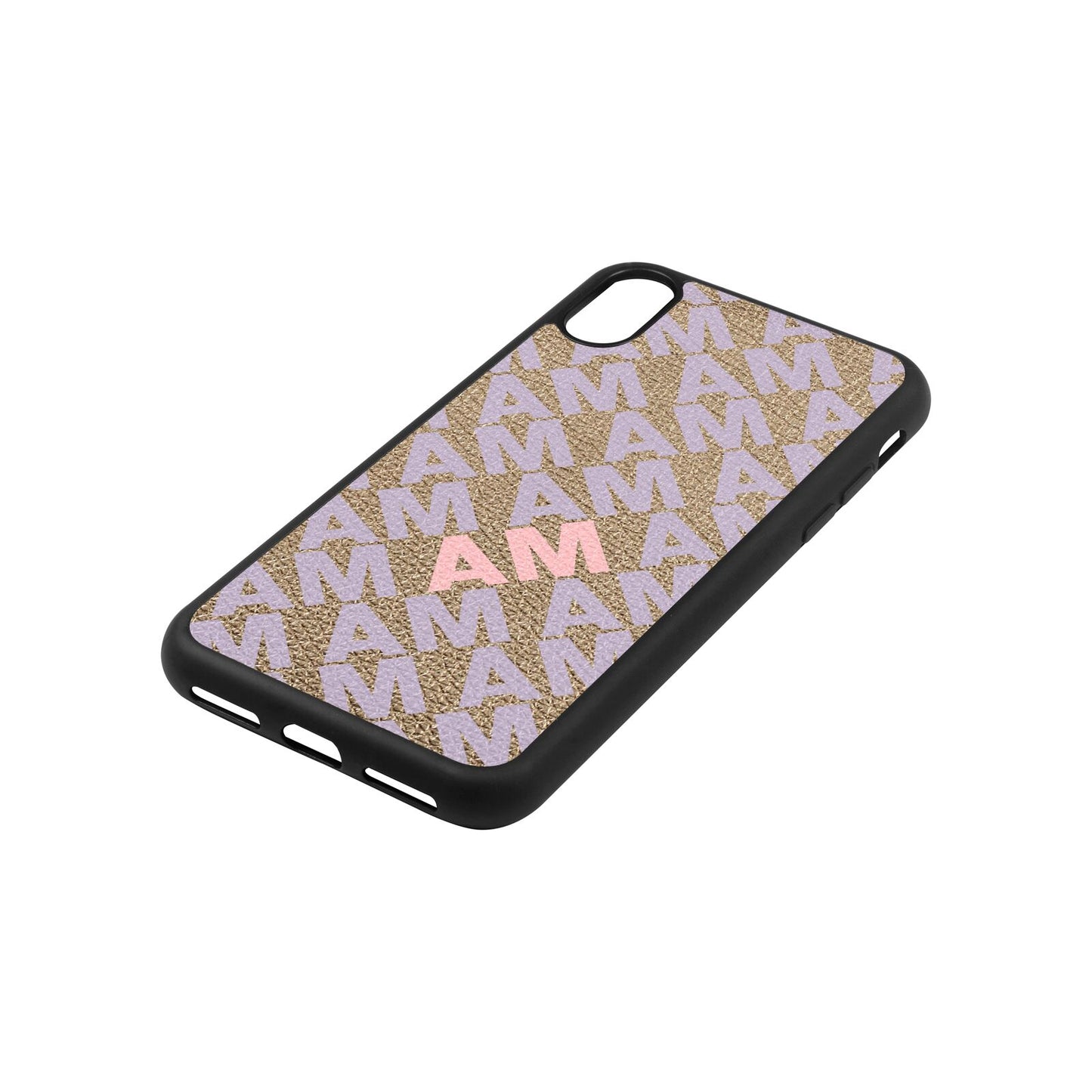 Personalised Diagonal Bold Initials Gold Pebble Leather iPhone Xs Case Side Angle