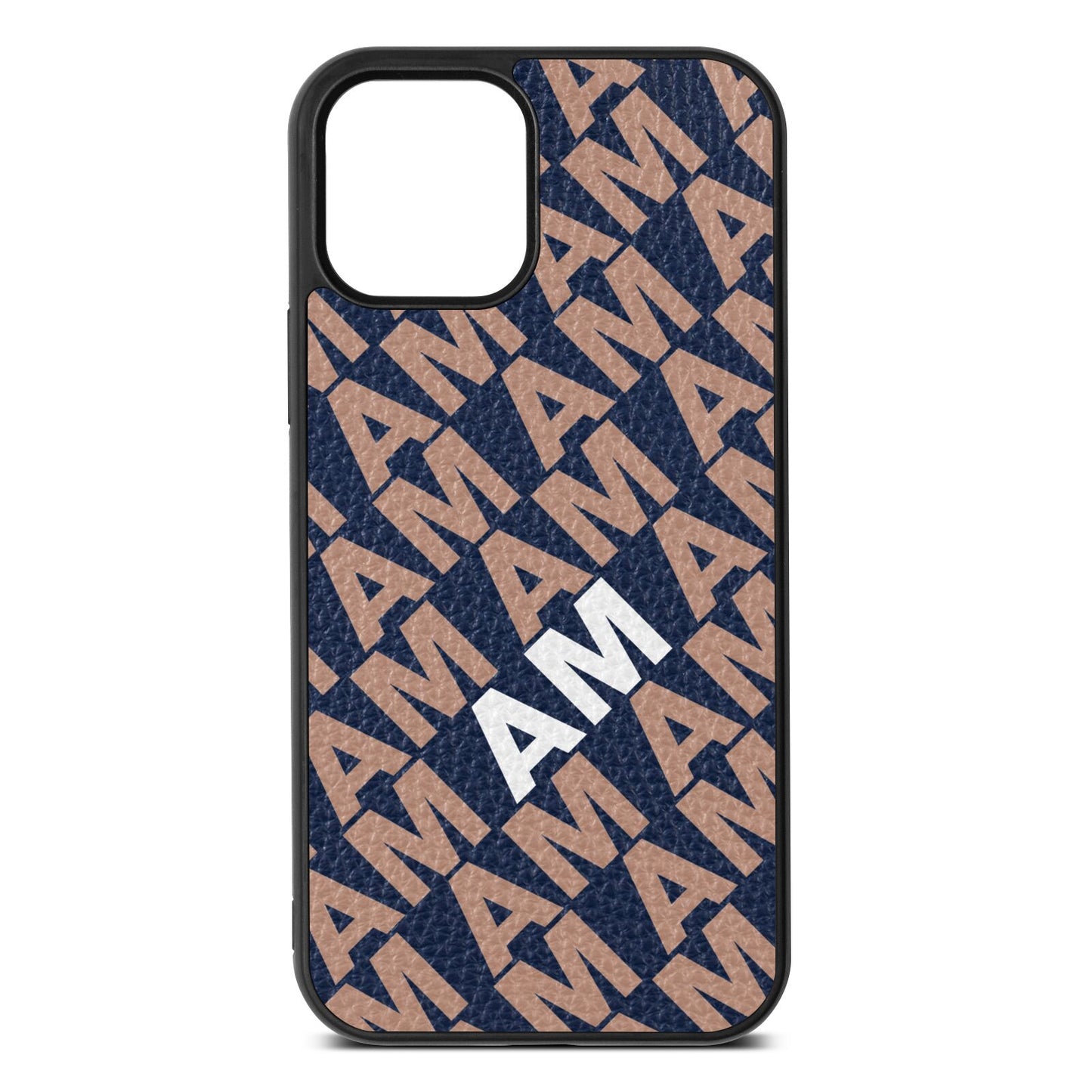 Personalised Diagonal Bold Initials Navy Blue Pebble Leather iPhone 12 Case