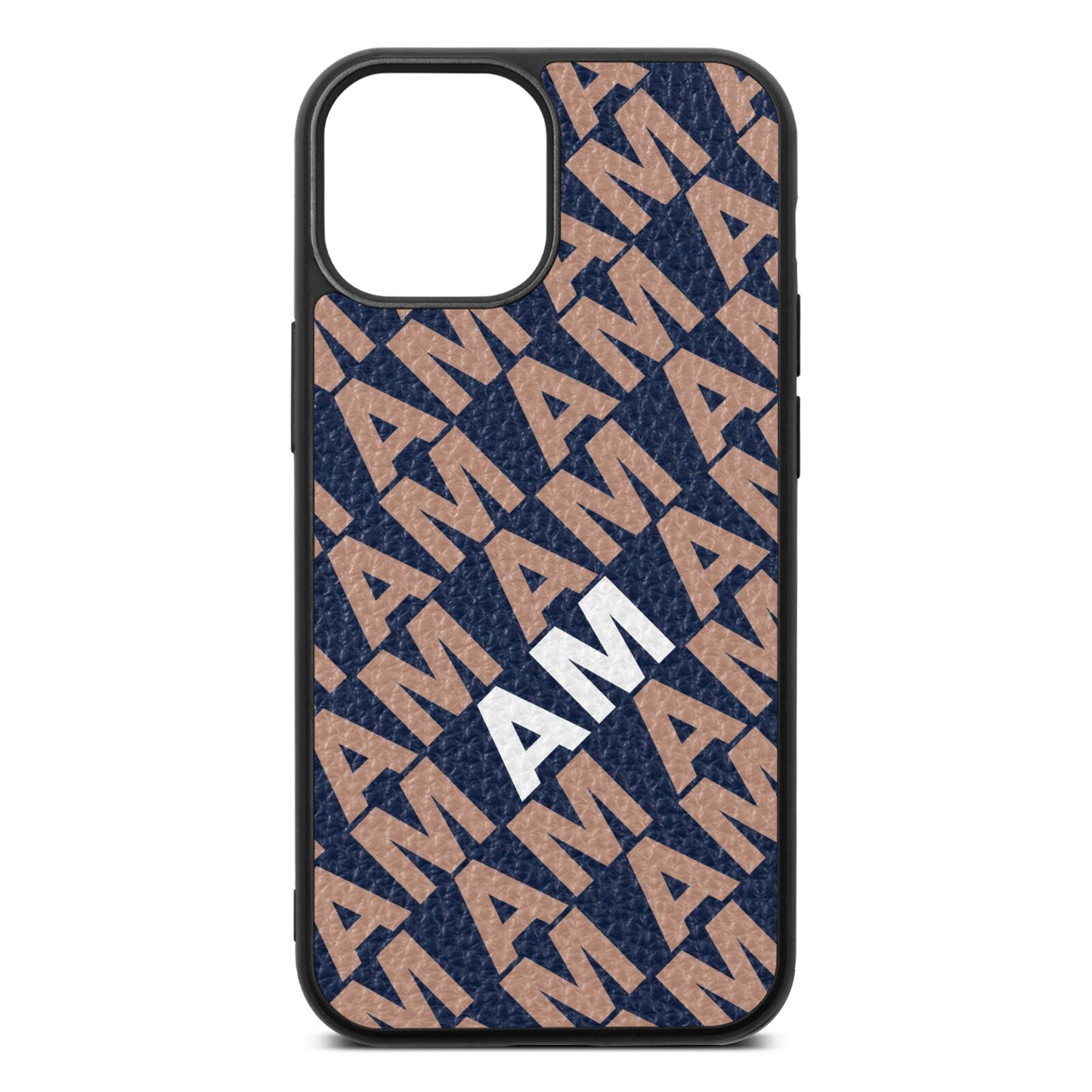 Personalised Diagonal Bold Initials Navy Blue Pebble Leather iPhone 13 Mini Case