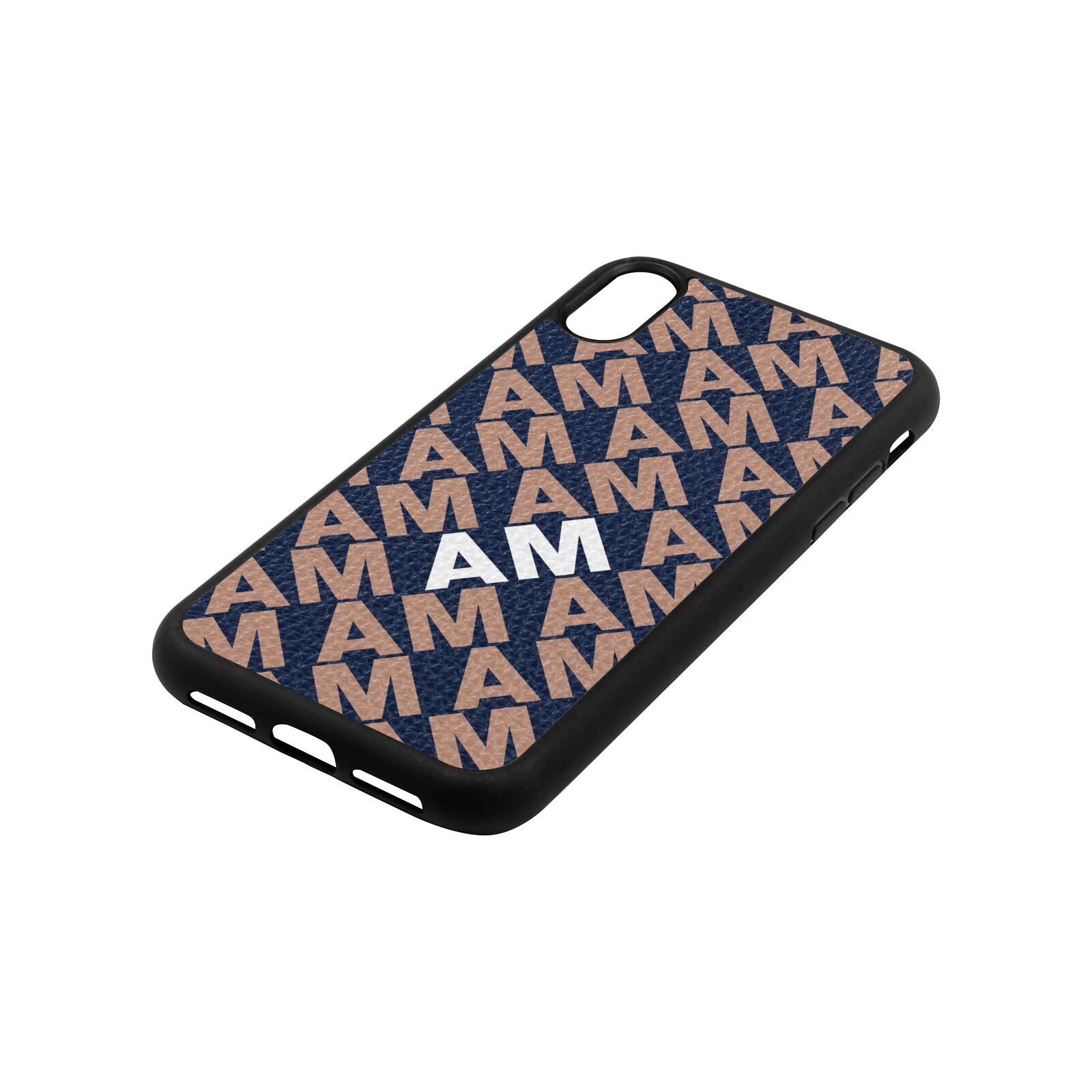 Personalised Diagonal Bold Initials Navy Blue Pebble Leather iPhone Xr Case Side Angle