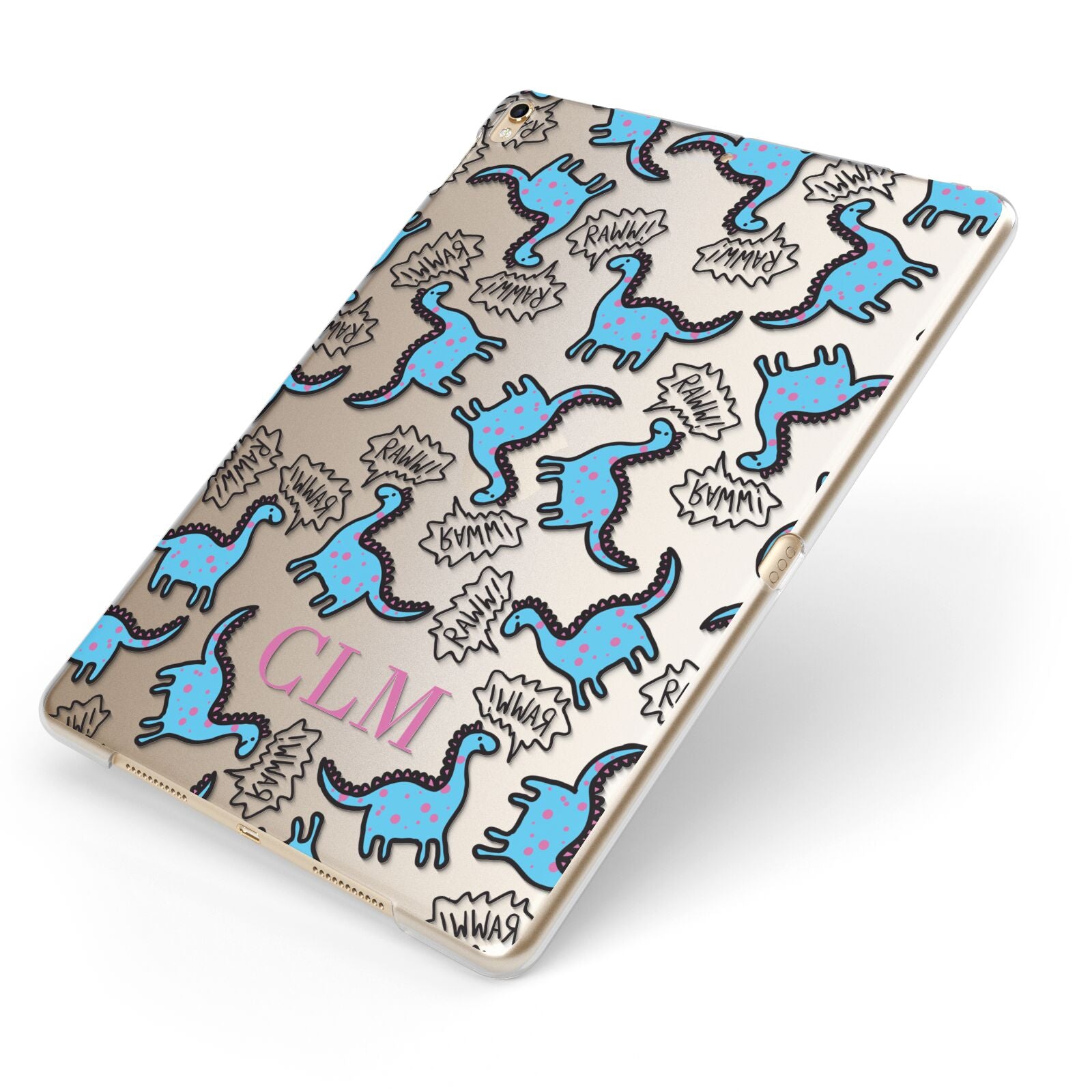 Personalised Dino Initials Clear Apple iPad Case on Gold iPad Side View
