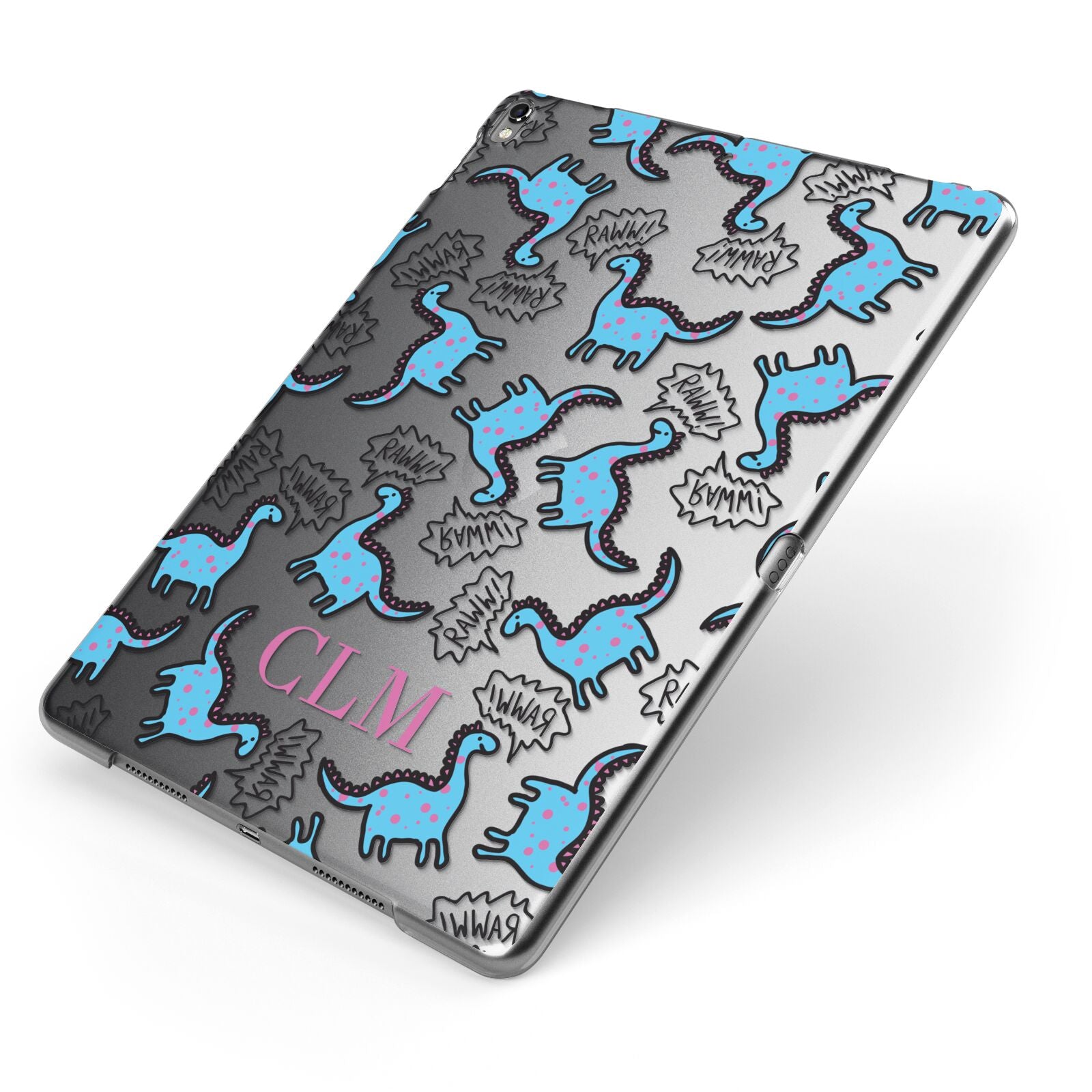 Personalised Dino Initials Clear Apple iPad Case on Grey iPad Side View