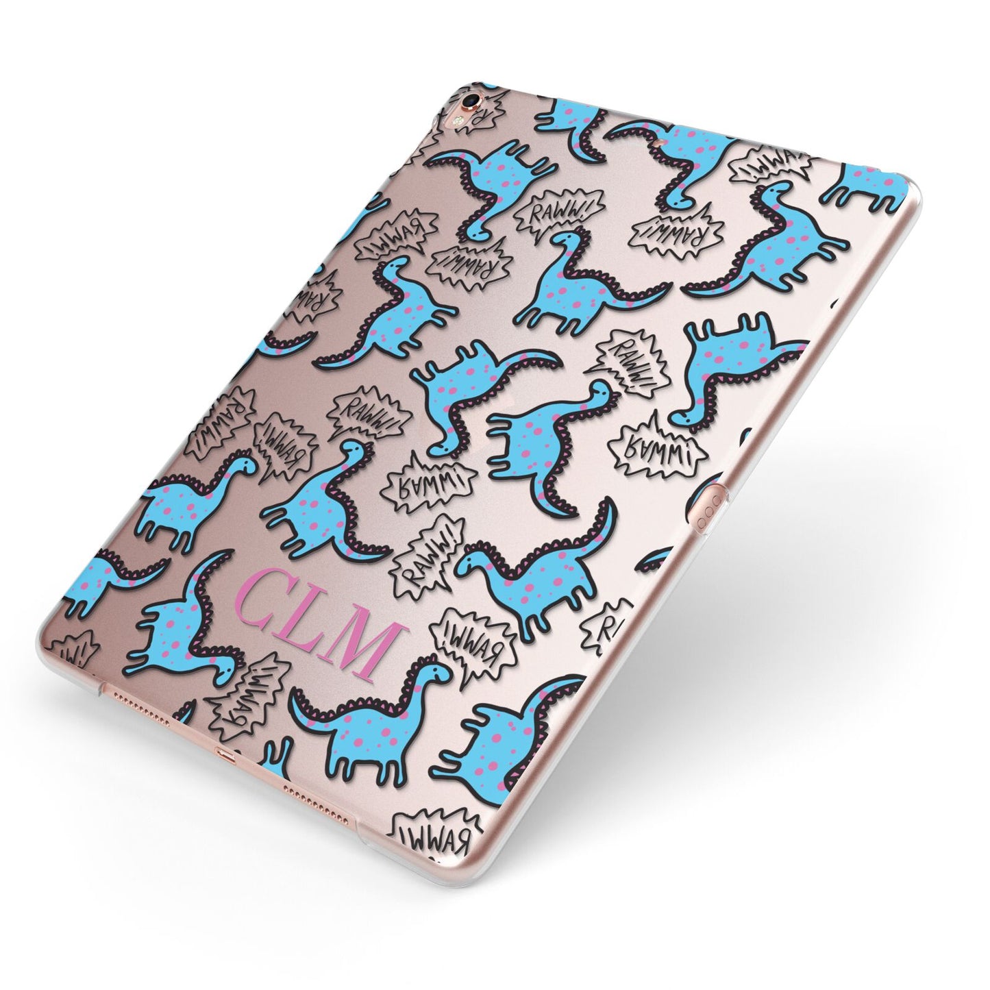 Personalised Dino Initials Clear Apple iPad Case on Rose Gold iPad Side View