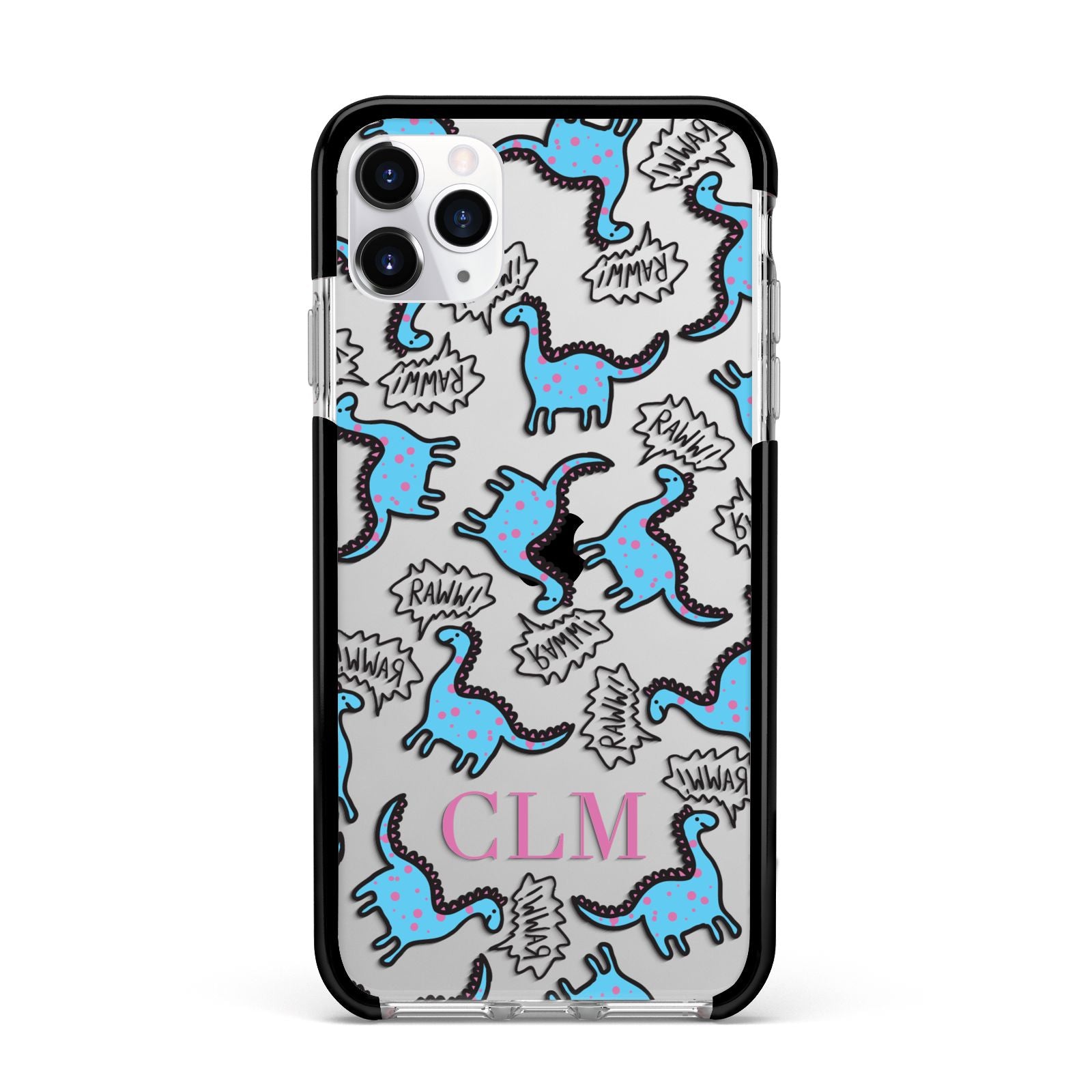 Personalised Dino Initials Clear Apple iPhone 11 Pro Max in Silver with Black Impact Case