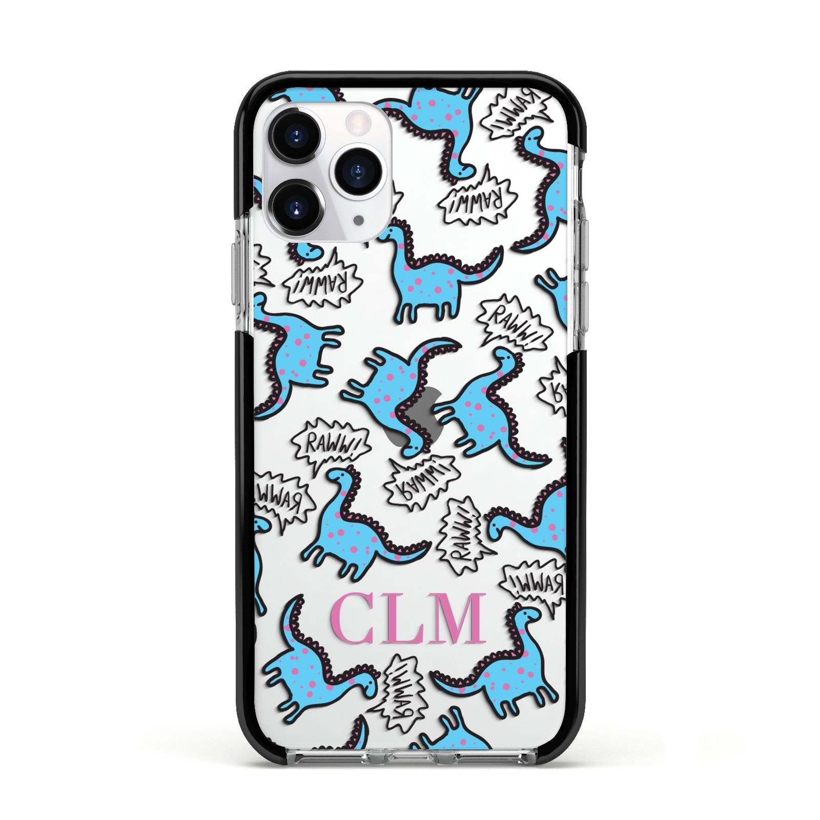 Personalised Dino Initials Clear Apple iPhone 11 Pro in Silver with Black Impact Case