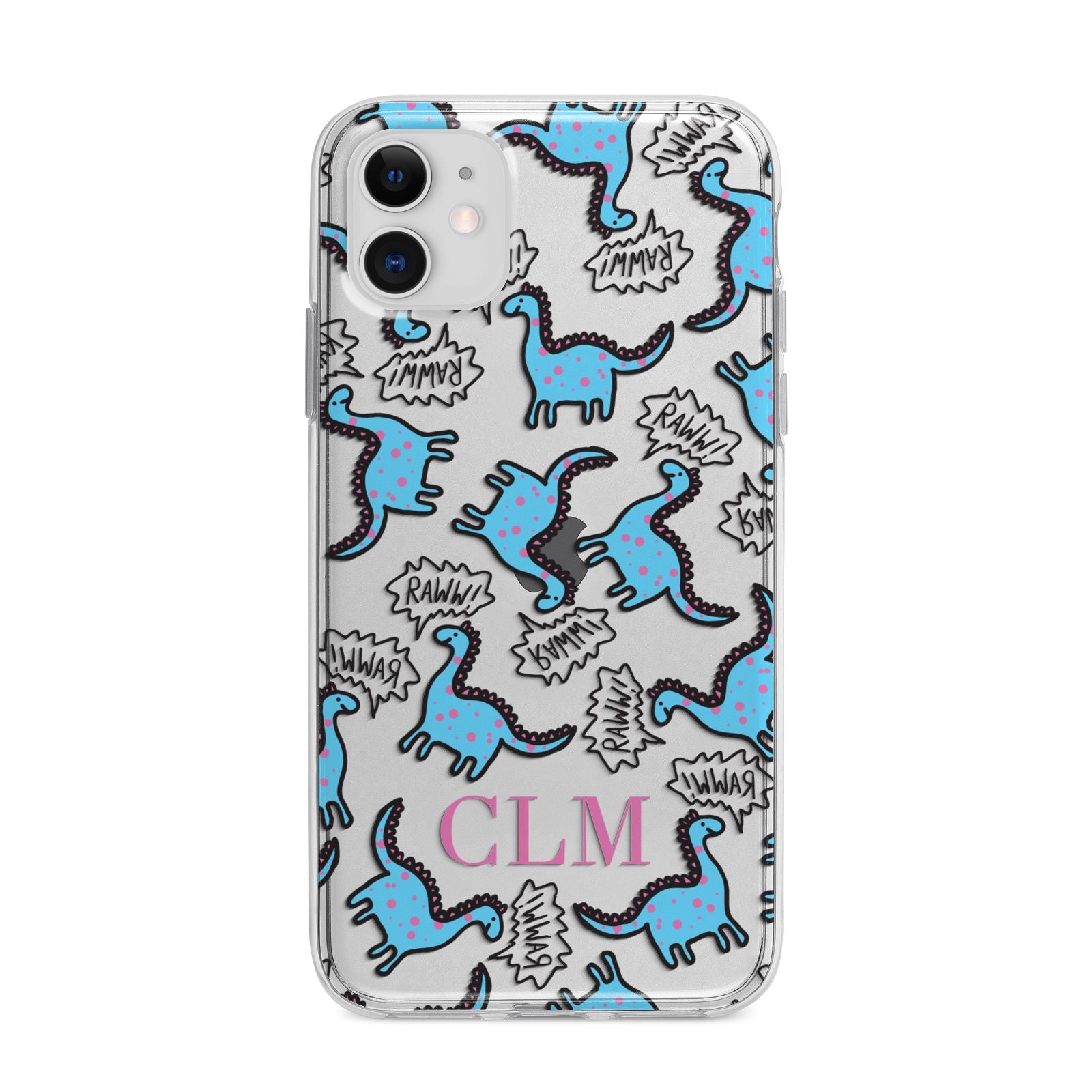 Personalised Dino Initials Clear Apple iPhone 11 in White with Bumper Case