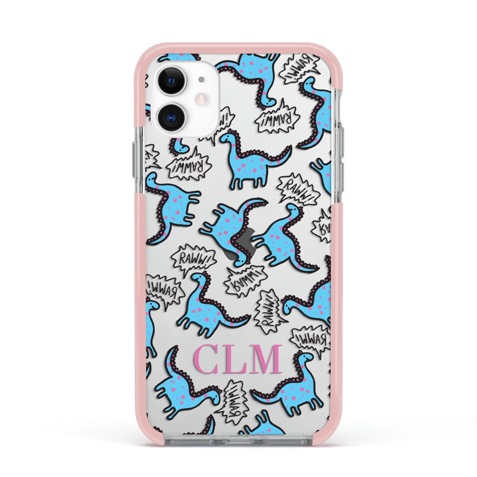 Personalised Dino Initials Clear Apple iPhone 11 in White with Pink Impact Case