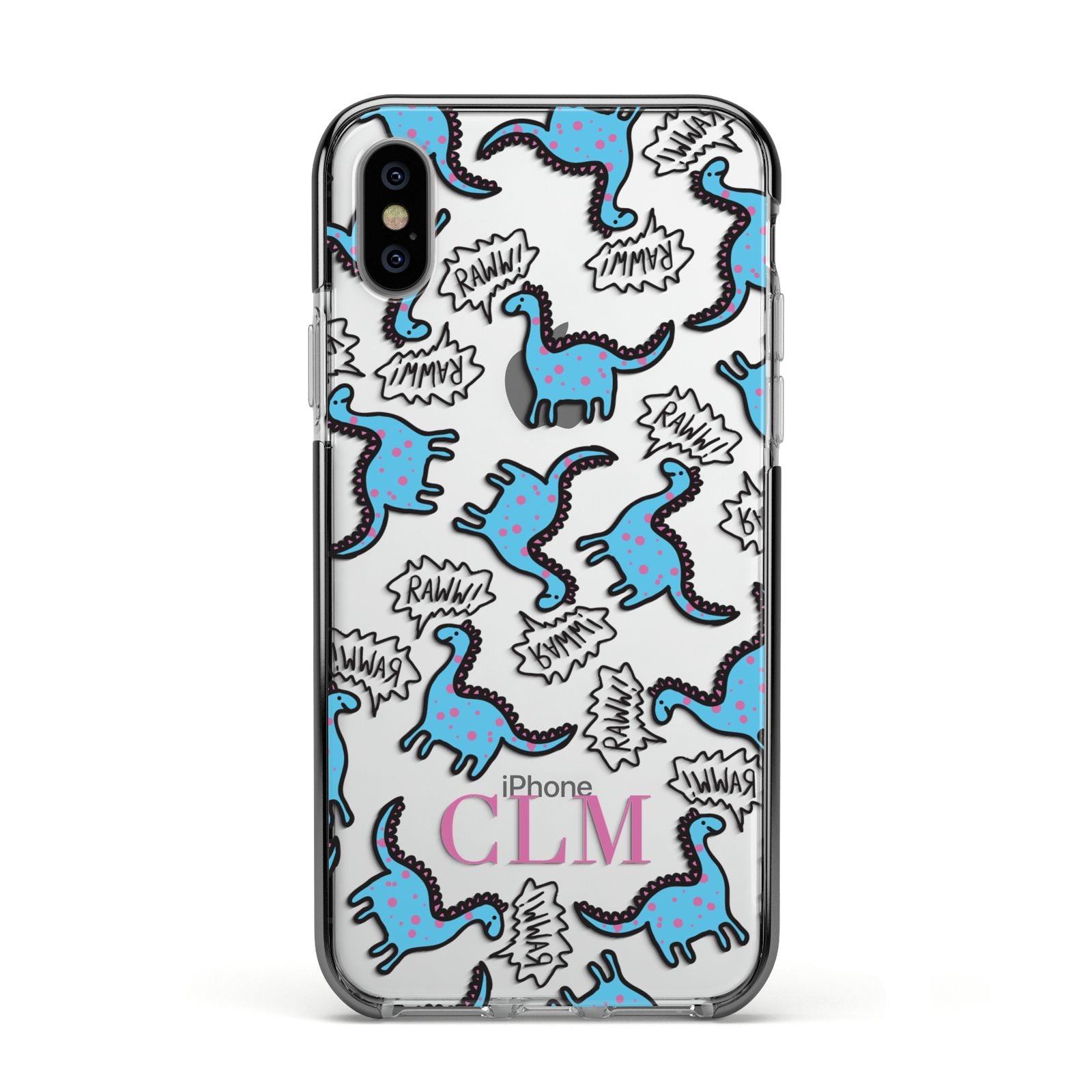 Personalised Dino Initials Clear Apple iPhone Xs Impact Case Black Edge on Silver Phone