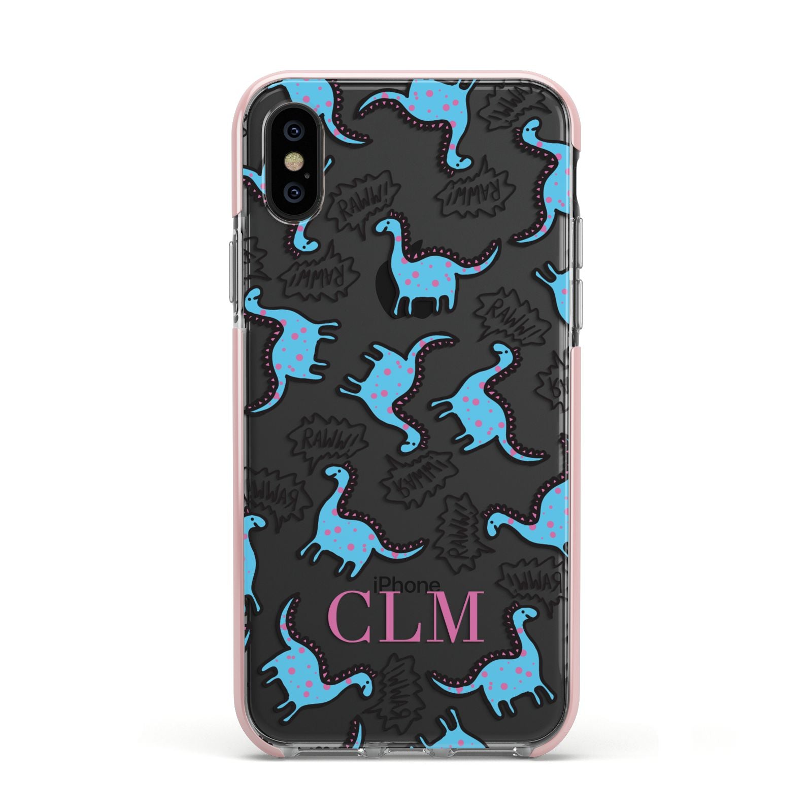 Personalised Dino Initials Clear Apple iPhone Xs Impact Case Pink Edge on Black Phone