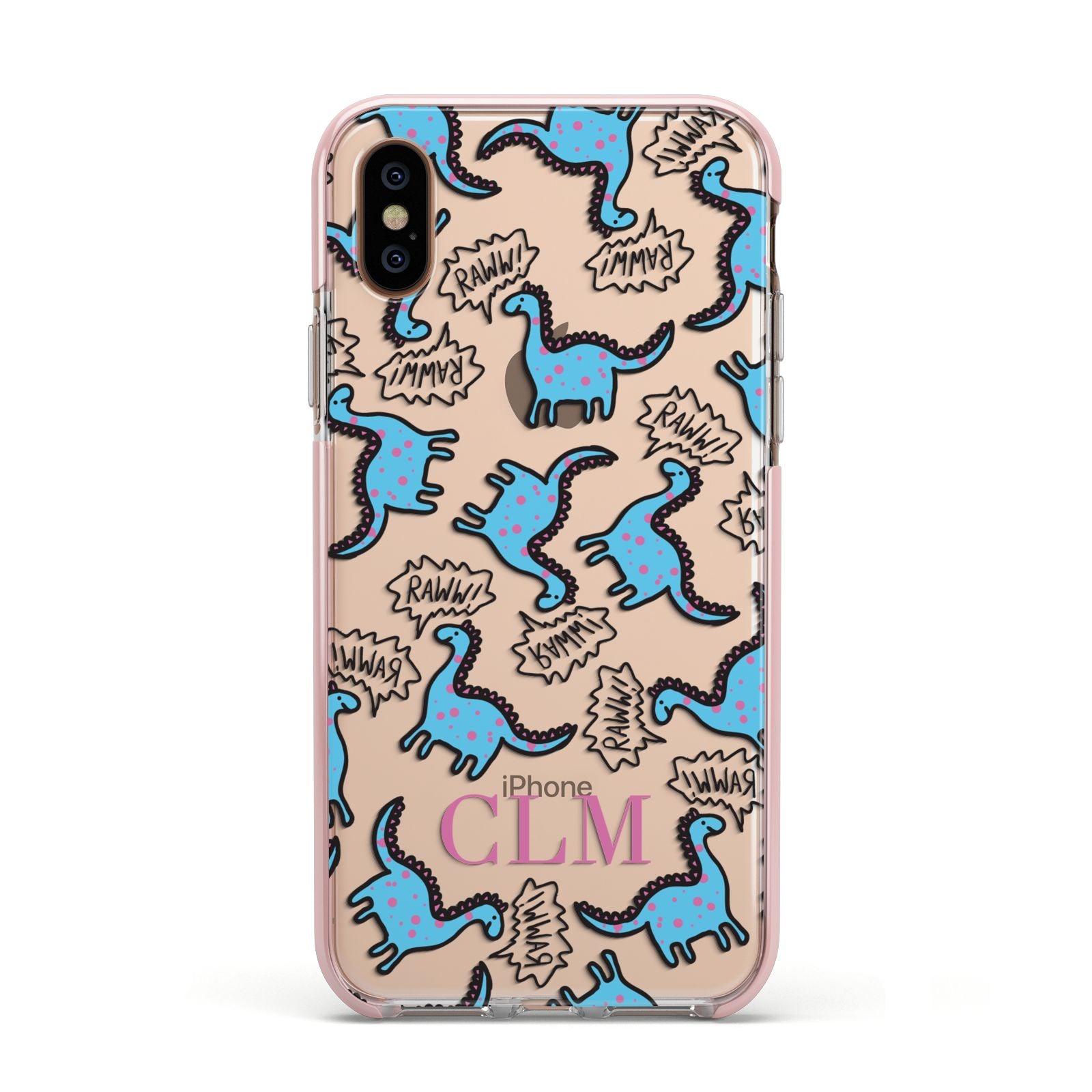 Personalised Dino Initials Clear Apple iPhone Xs Impact Case Pink Edge on Gold Phone