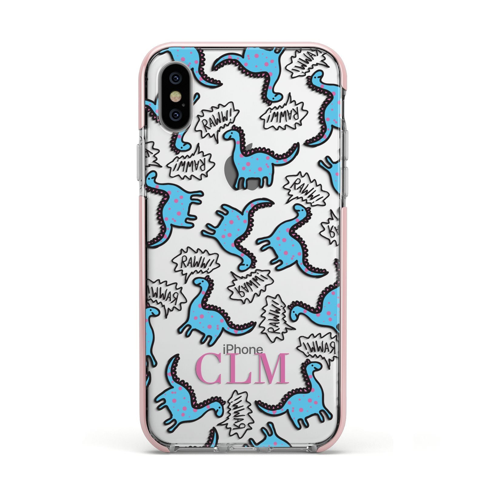 Personalised Dino Initials Clear Apple iPhone Xs Impact Case Pink Edge on Silver Phone