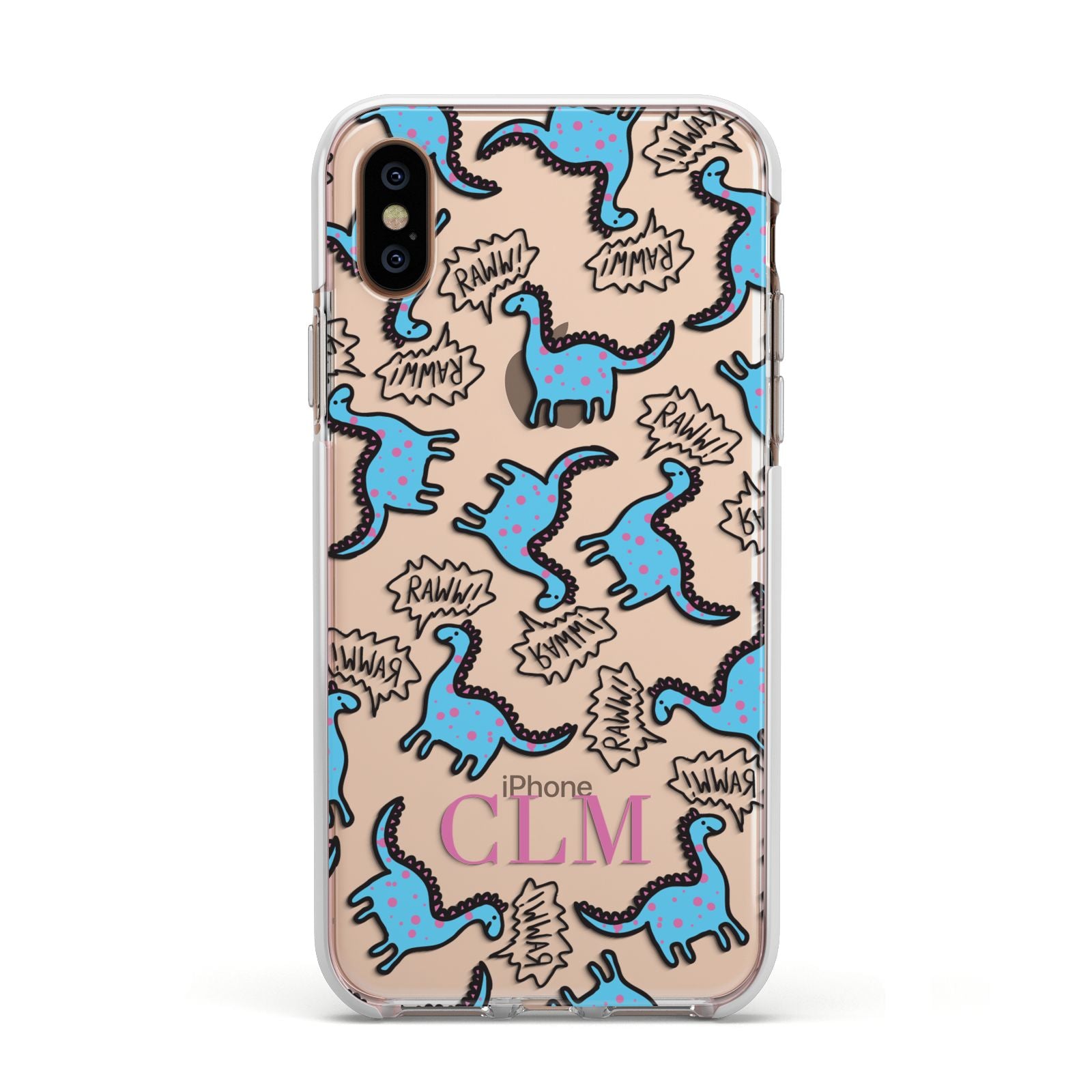 Personalised Dino Initials Clear Apple iPhone Xs Impact Case White Edge on Gold Phone