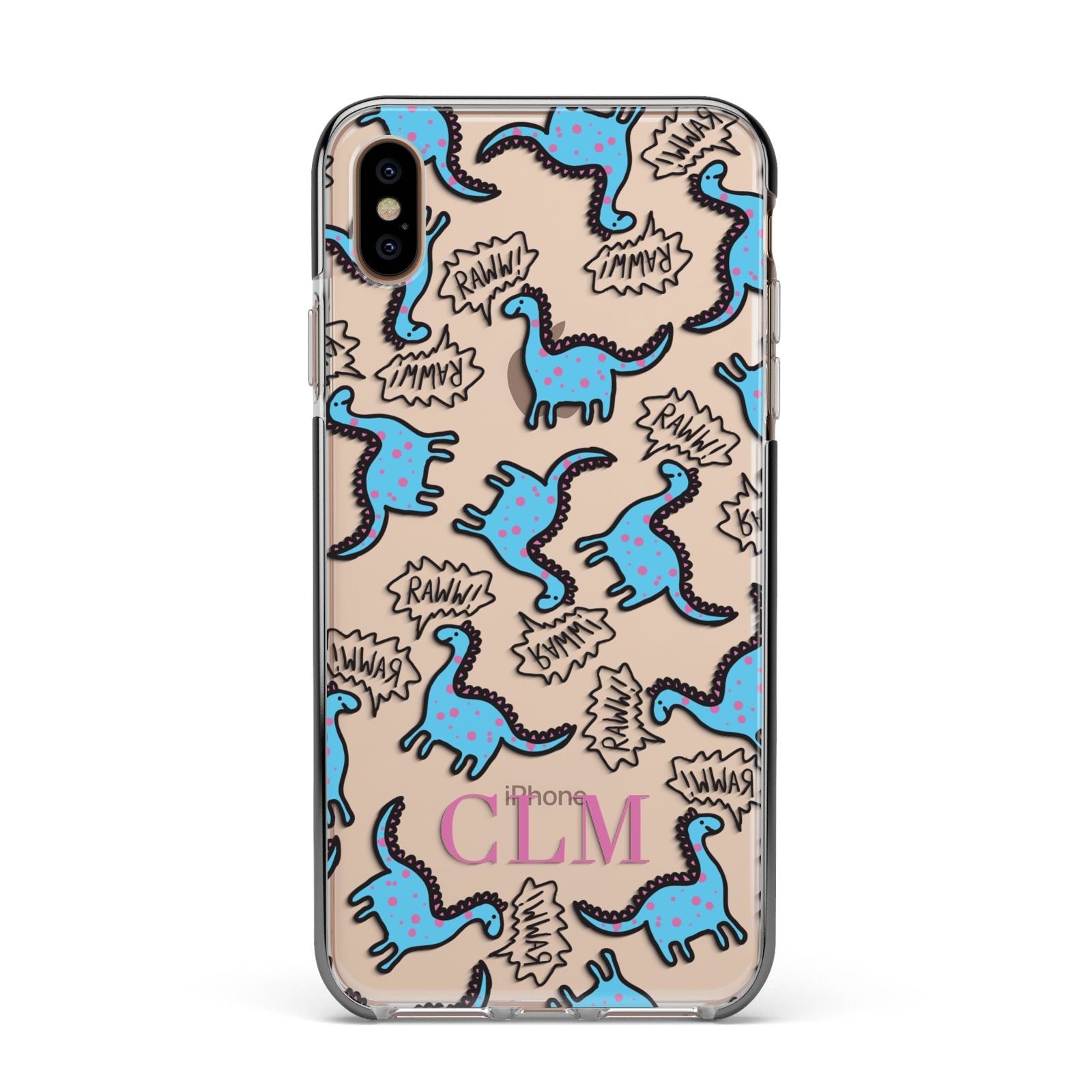 Personalised Dino Initials Clear Apple iPhone Xs Max Impact Case Black Edge on Gold Phone