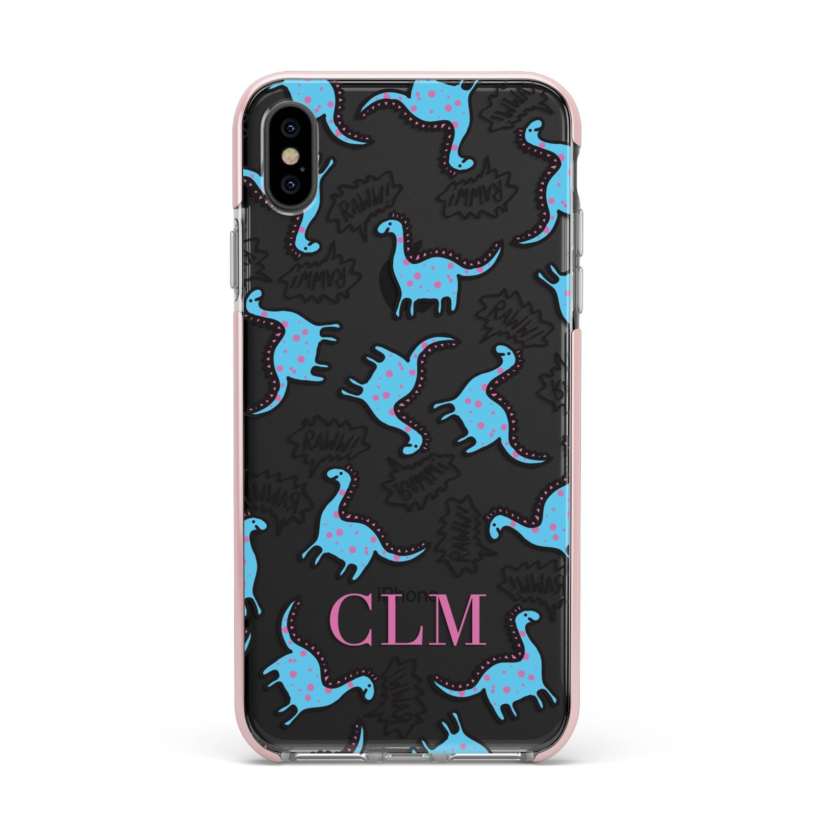 Personalised Dino Initials Clear Apple iPhone Xs Max Impact Case Pink Edge on Black Phone