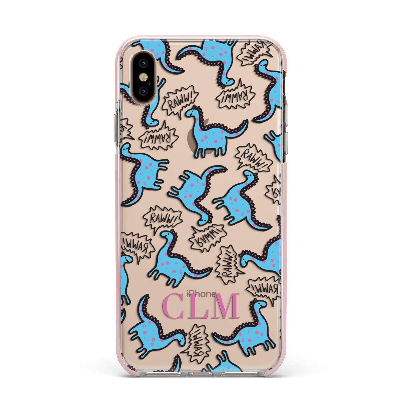 Personalised Dino Initials Clear Apple iPhone Xs Max Impact Case Pink Edge on Gold Phone