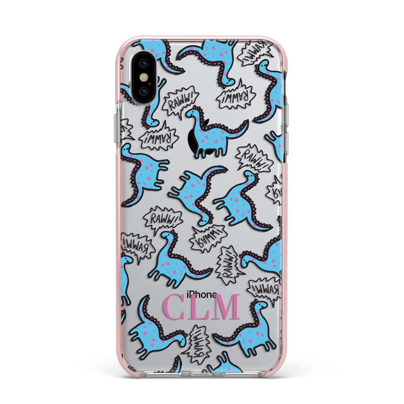 Personalised Dino Initials Clear Apple iPhone Xs Max Impact Case Pink Edge on Silver Phone