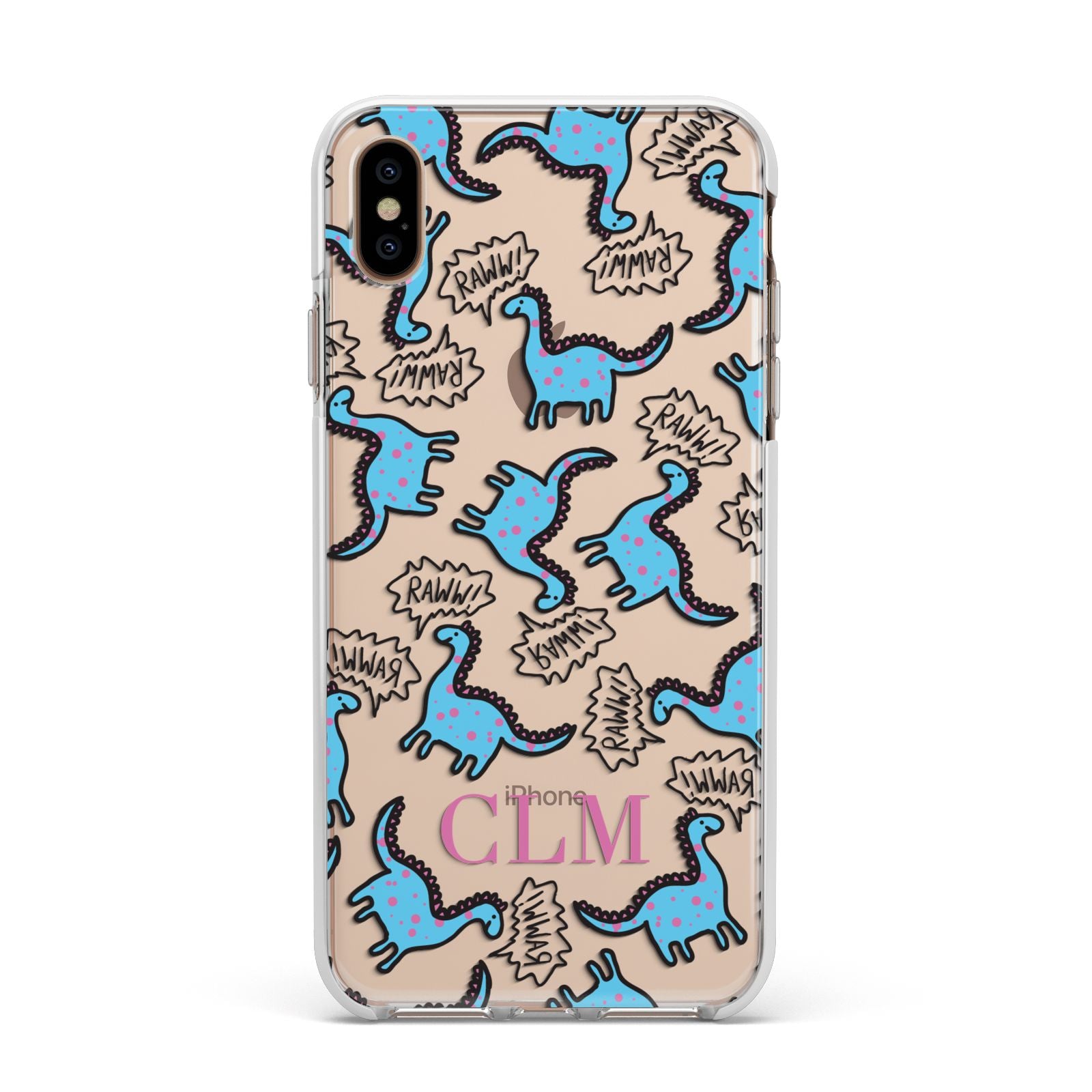 Personalised Dino Initials Clear Apple iPhone Xs Max Impact Case White Edge on Gold Phone