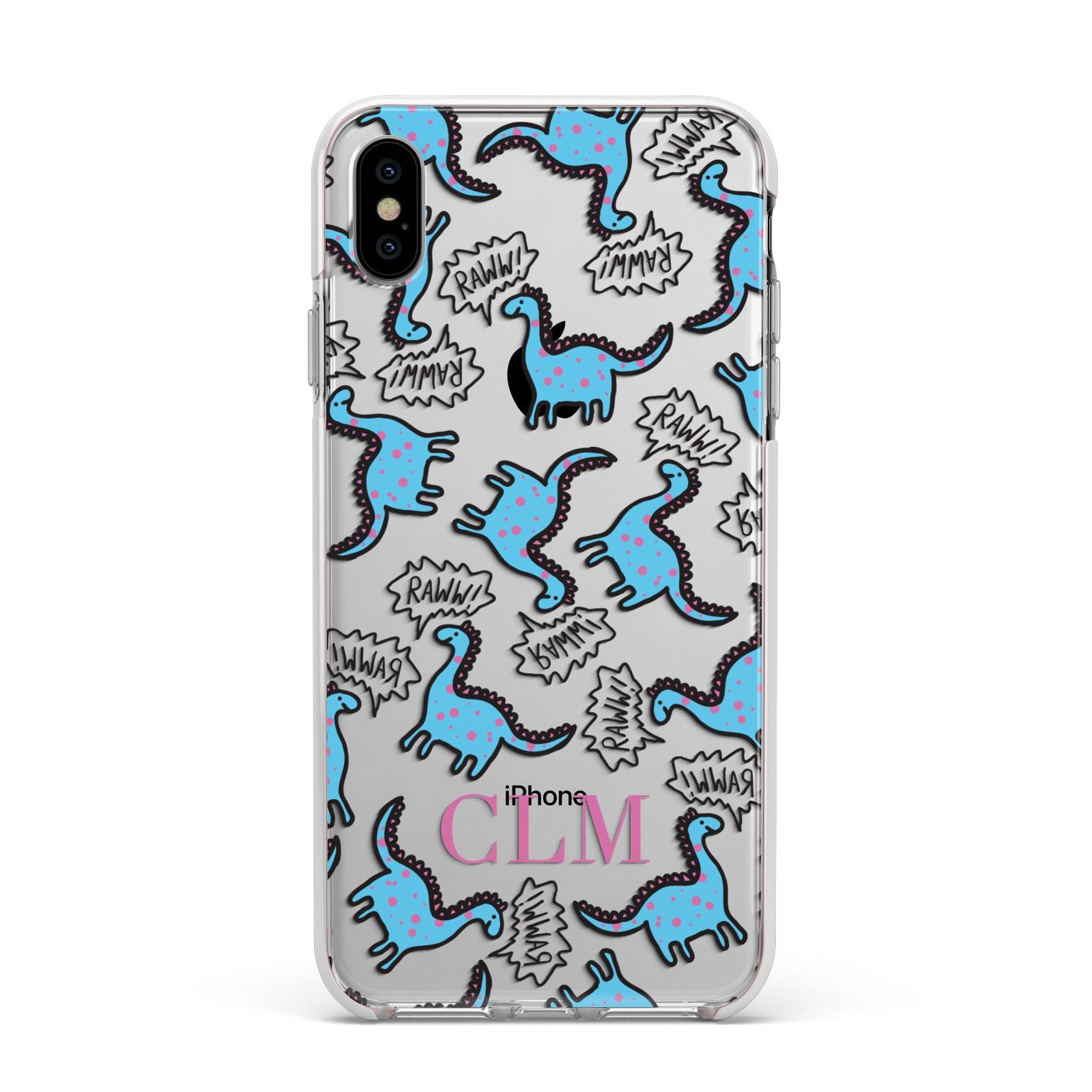 Personalised Dino Initials Clear Apple iPhone Xs Max Impact Case White Edge on Silver Phone