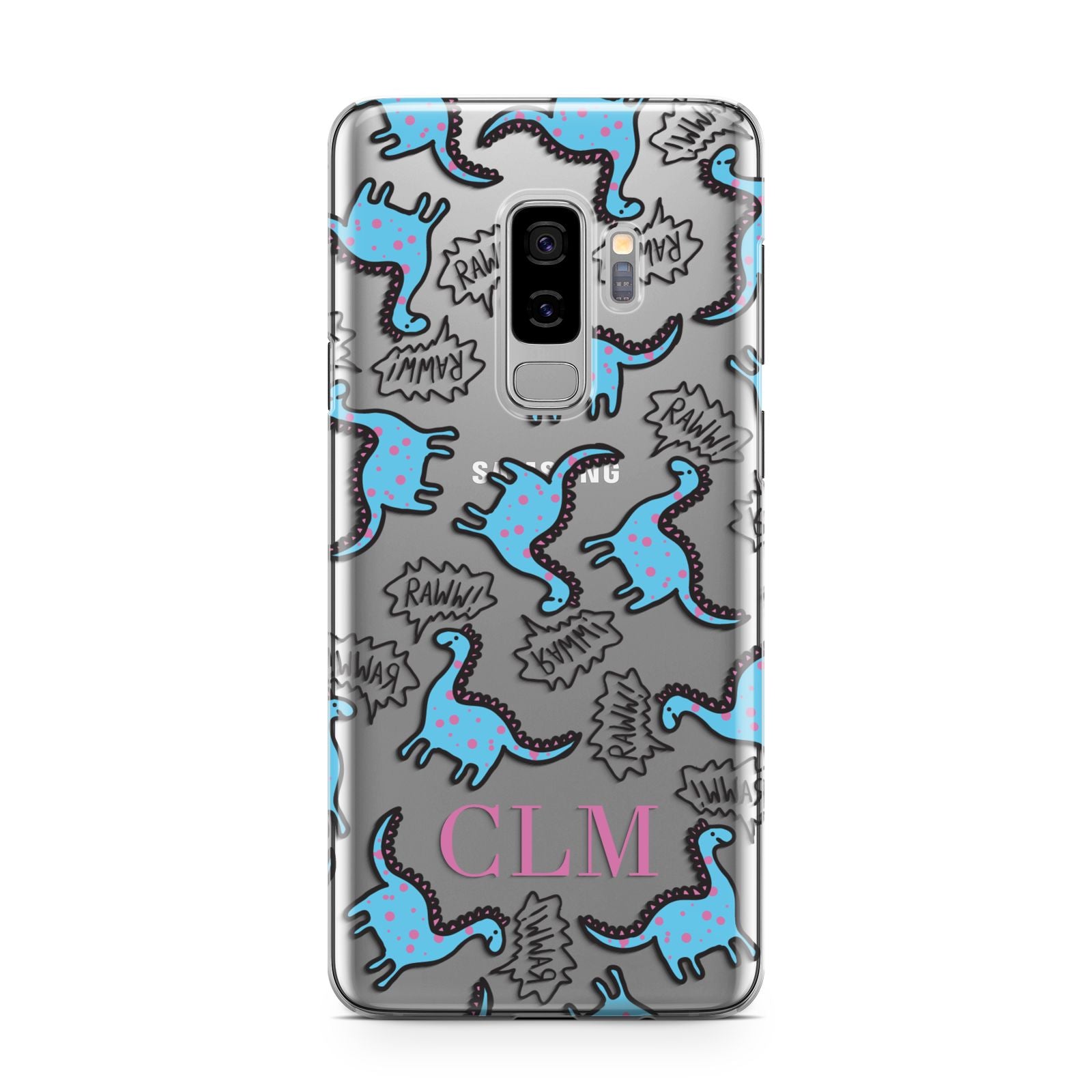 Personalised Dino Initials Clear Samsung Galaxy S9 Plus Case on Silver phone