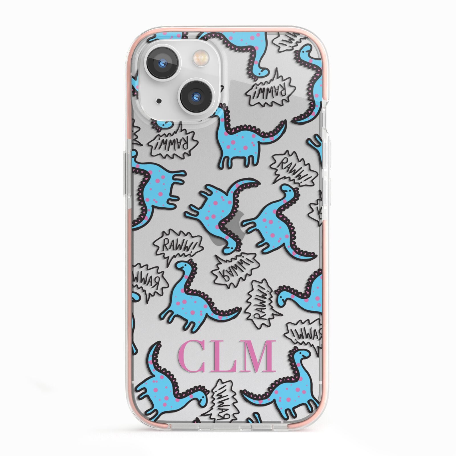 Personalised Dino Initials Clear iPhone 13 TPU Impact Case with Pink Edges