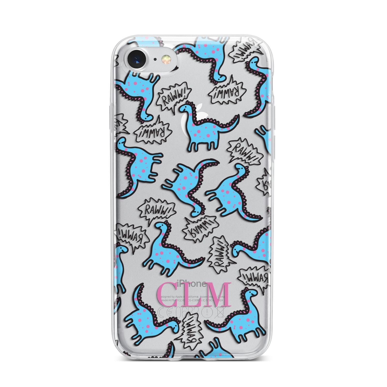 Personalised Dino Initials Clear iPhone 7 Bumper Case on Silver iPhone